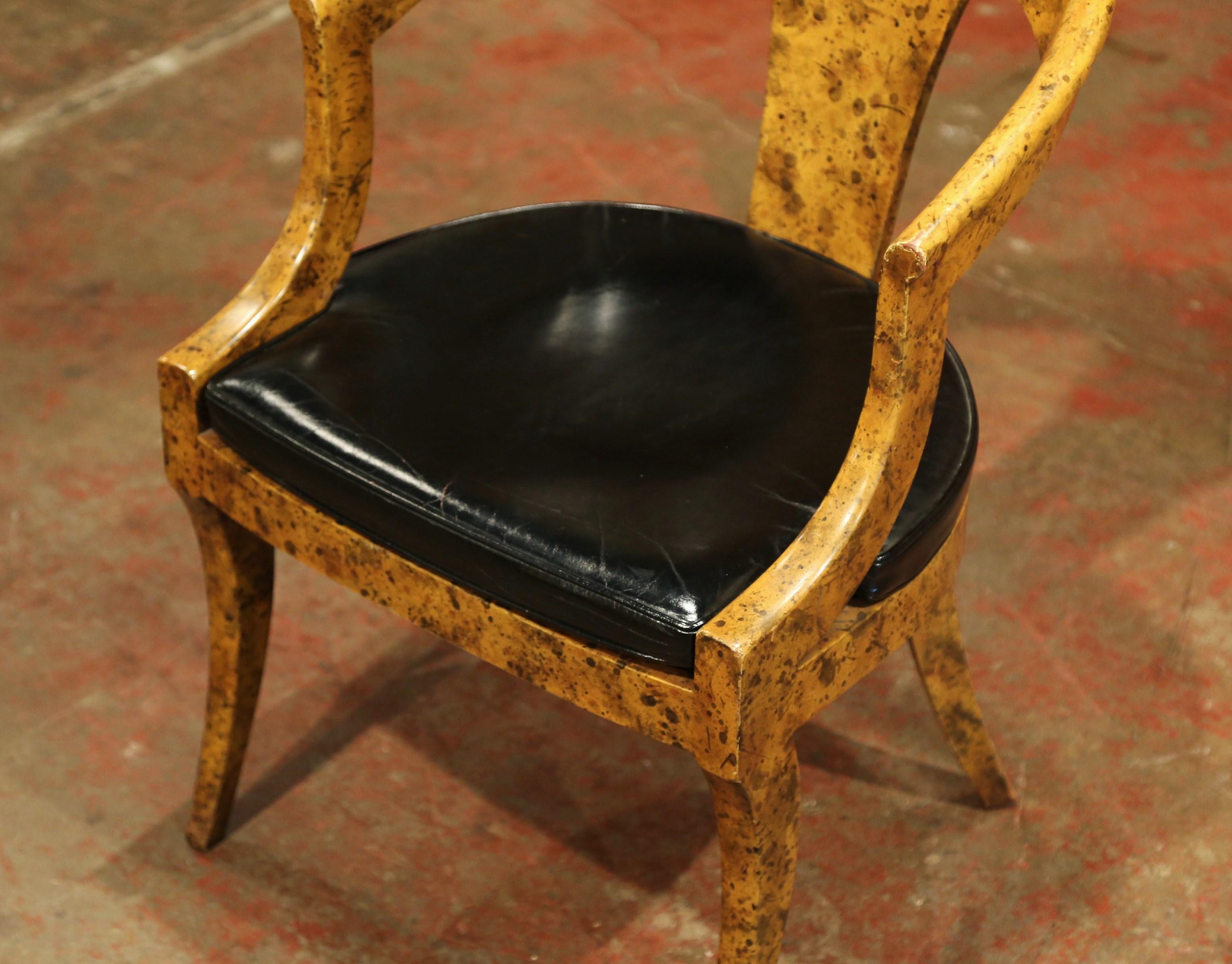 Mid-20th Century French Directoire Carved Painted Desk Armchair with Leather In Excellent Condition In Dallas, TX