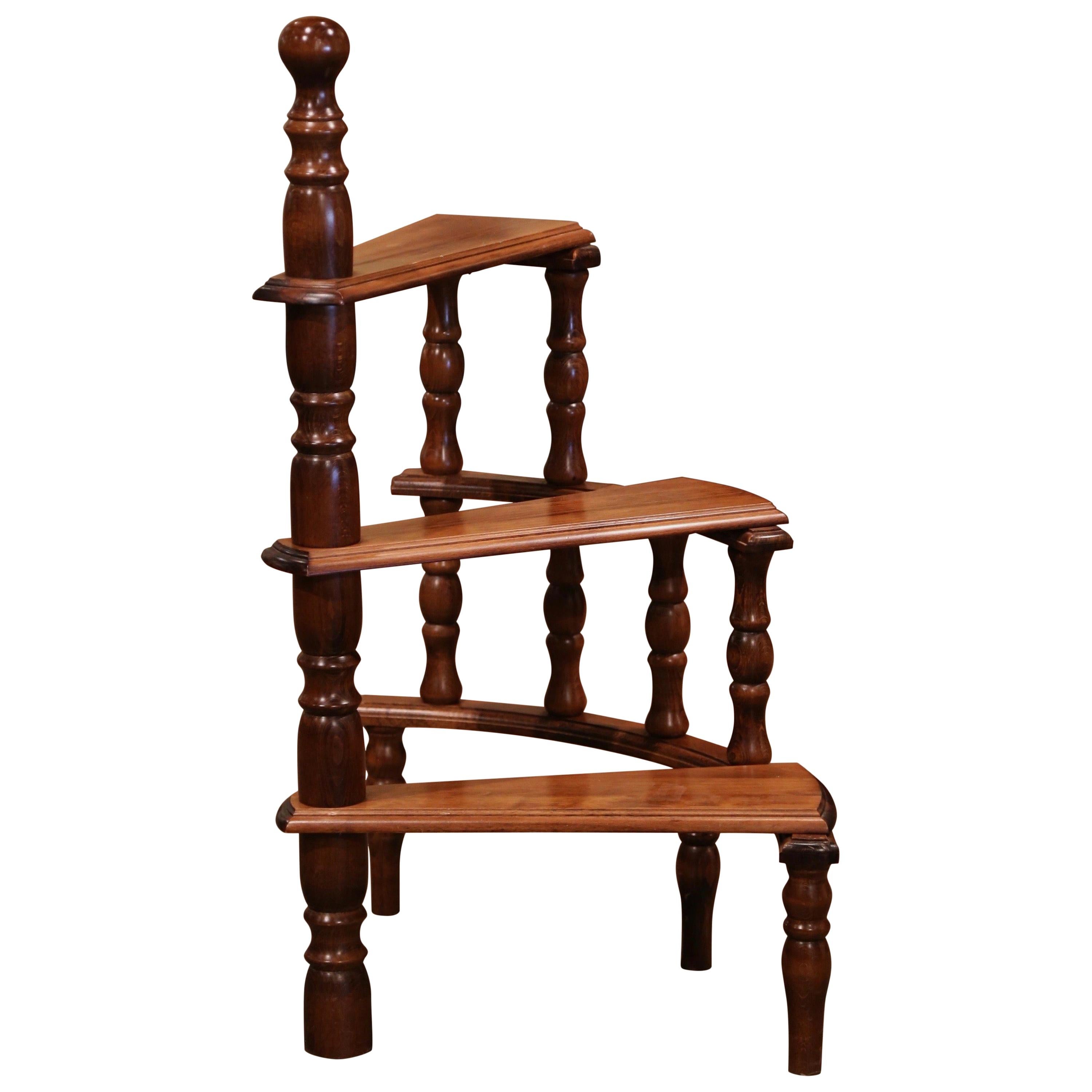 Mid-20th Century French Louis XIII Carved Library Three-Step Ladder Staircase