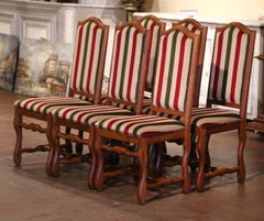 French Louis XIII Style Dining Chairs with Striped Upholstery, Set of Six