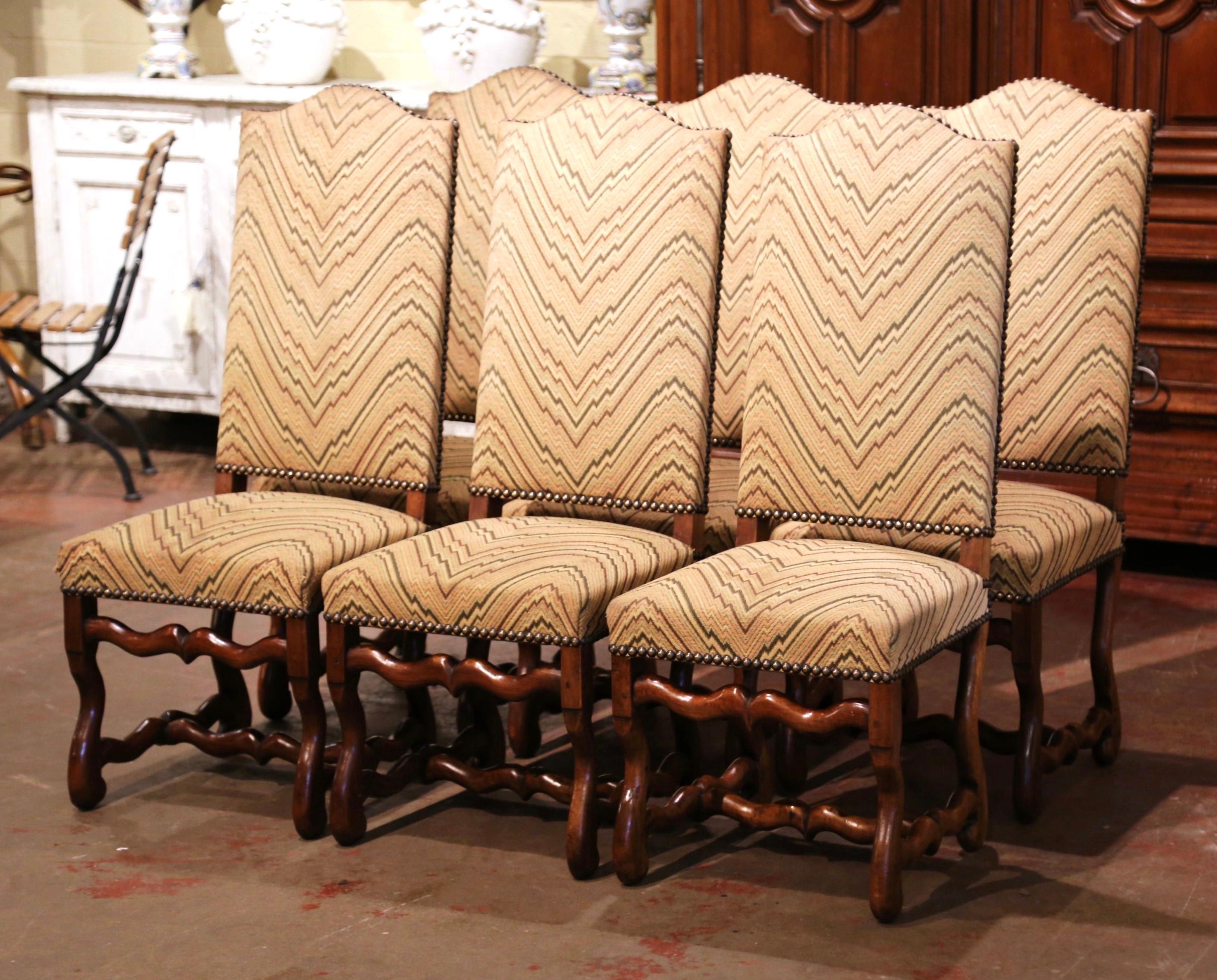 Fabric Mid-20th Century French Louis XIII Carved Sheep Bone Dining Chairs, Set of Six