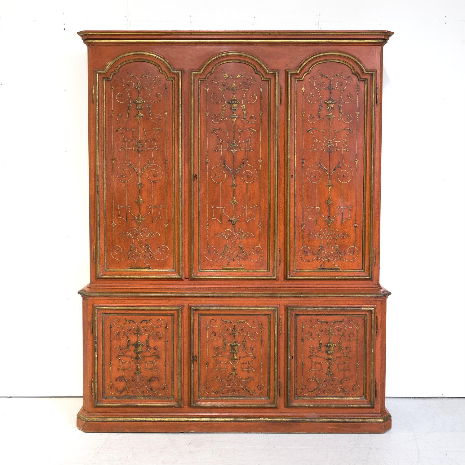 Lacquered Mid-20th Century French Louis XIV Style Red Lacquer Chinoiserie Buffet Deux Corp