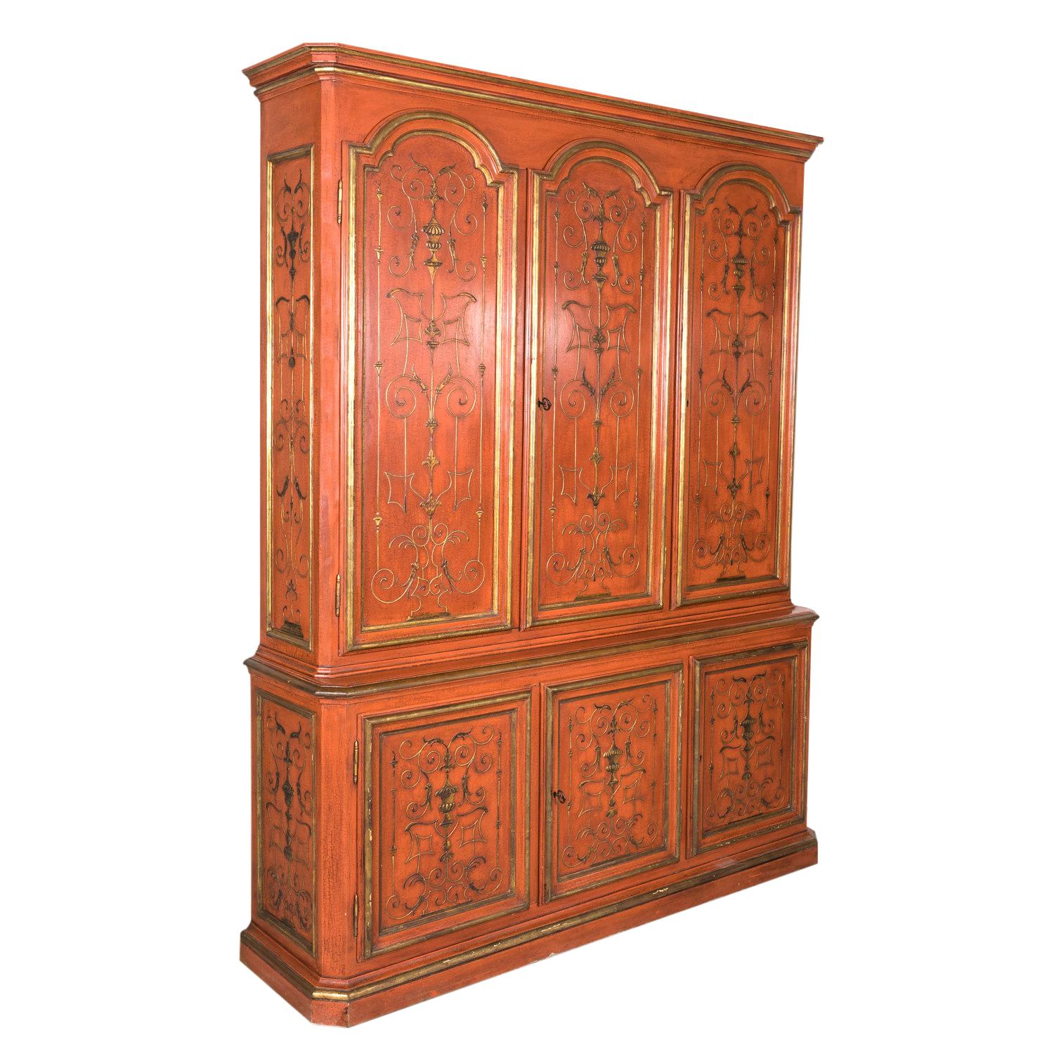 Mid-20th Century French Louis XIV Style Red Lacquer Chinoiserie Buffet Deux Corp