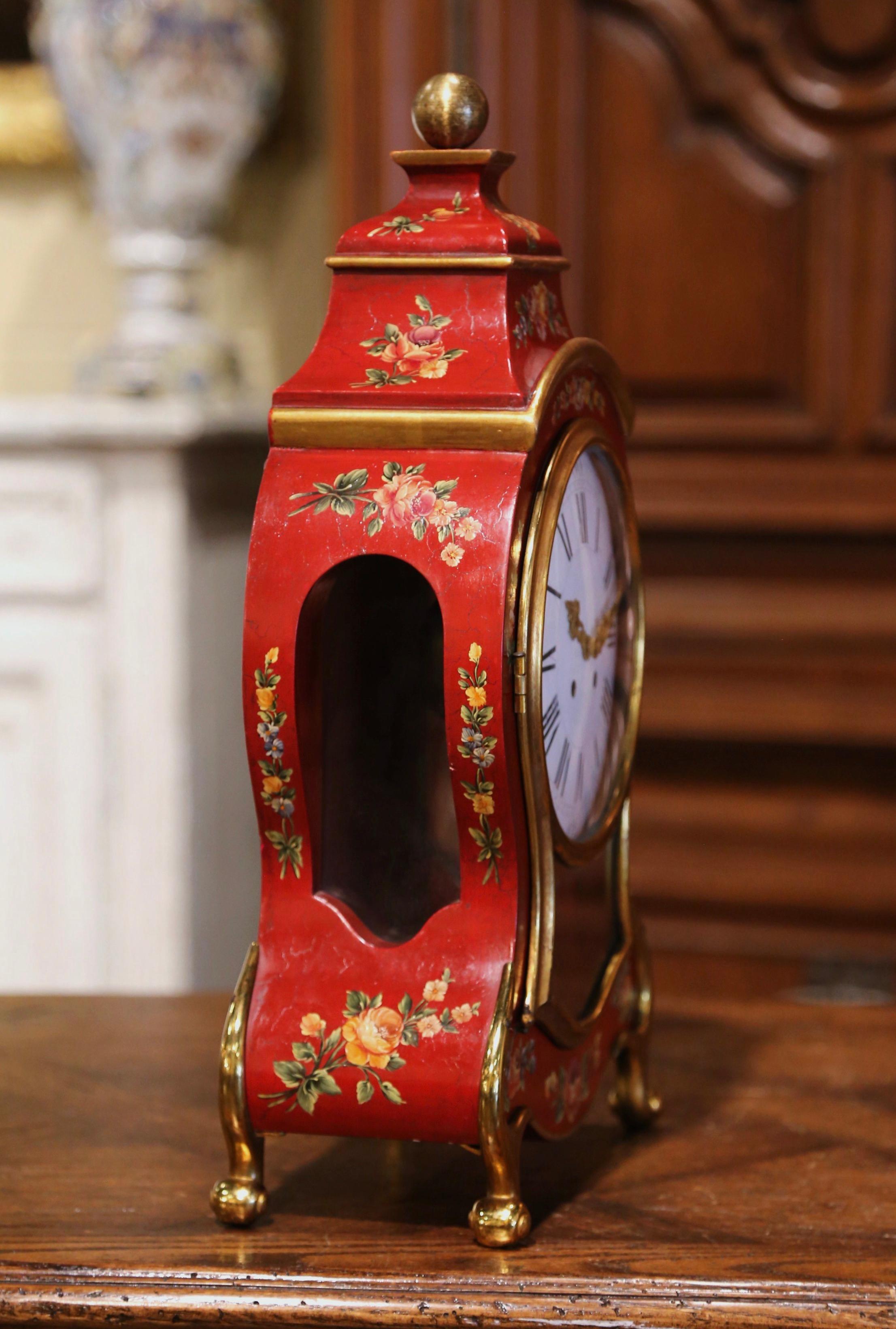 Mid-20th Century French Louis XV Carved Mantel Clock with Painted Floral Motifs 6