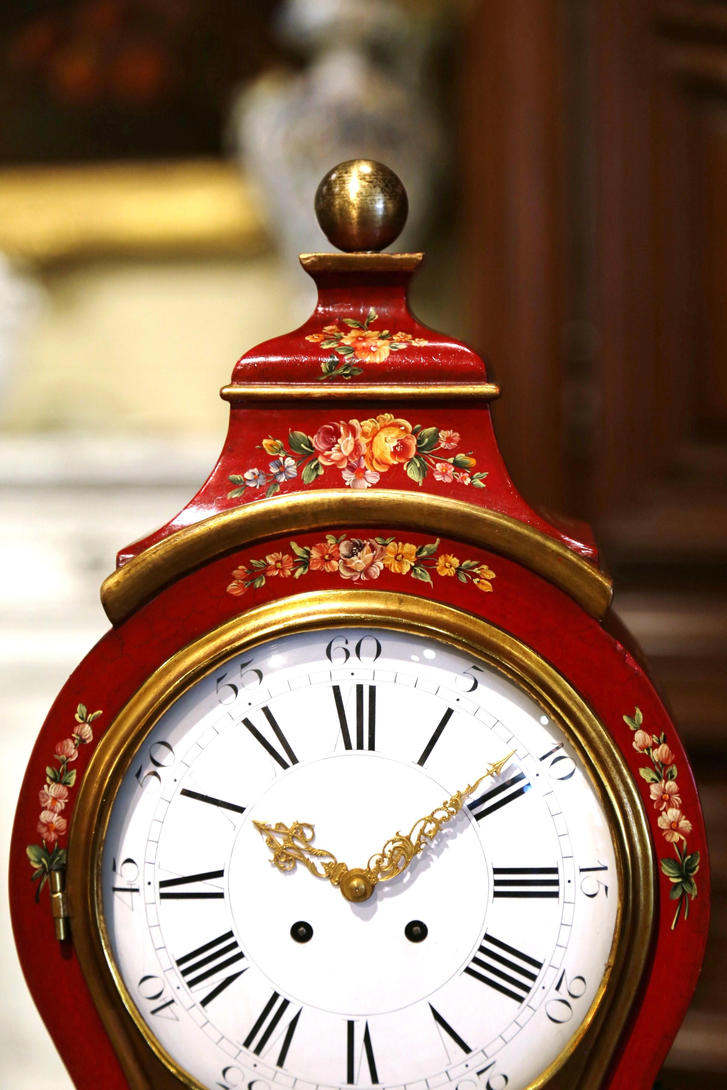 Gilt Mid-20th Century French Louis XV Carved Mantel Clock with Painted Floral Motifs