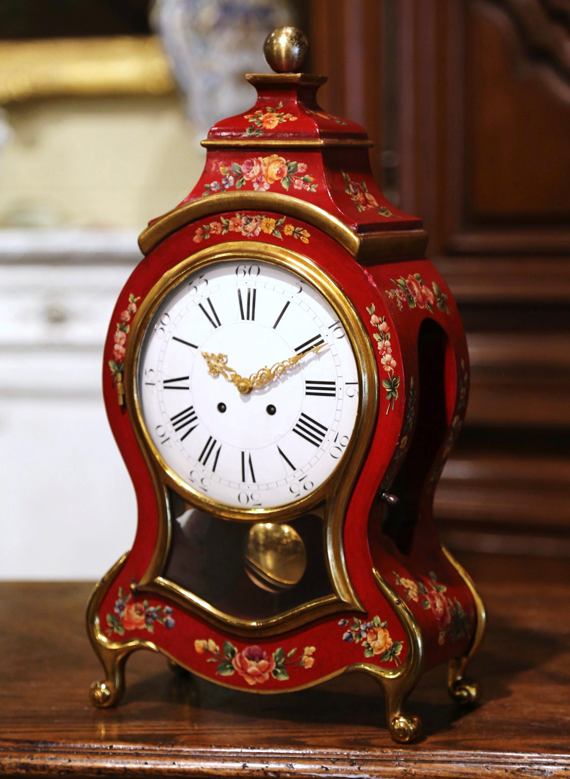 Brass Mid-20th Century French Louis XV Carved Mantel Clock with Painted Floral Motifs