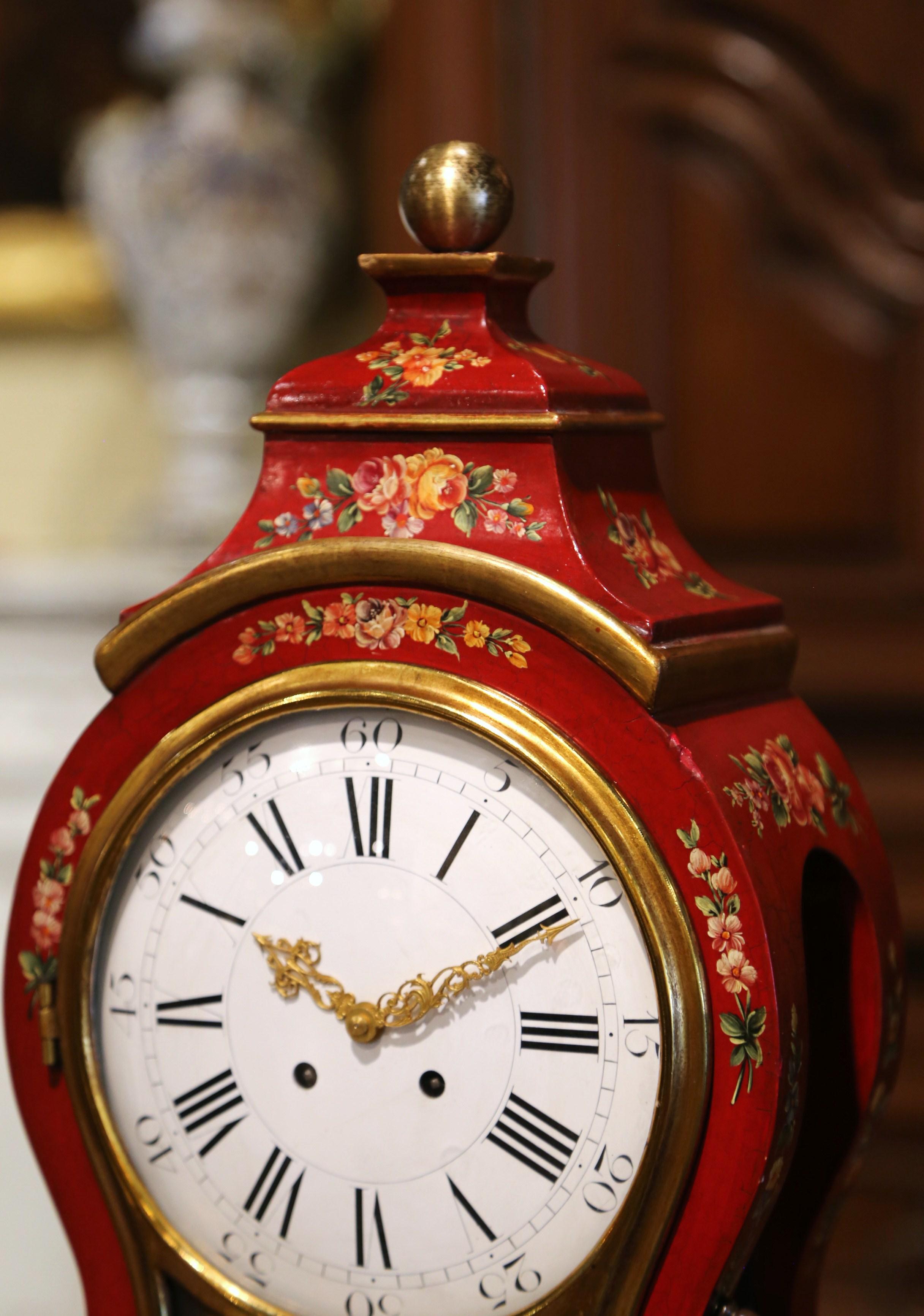 Mid-20th Century French Louis XV Carved Mantel Clock with Painted Floral Motifs 1