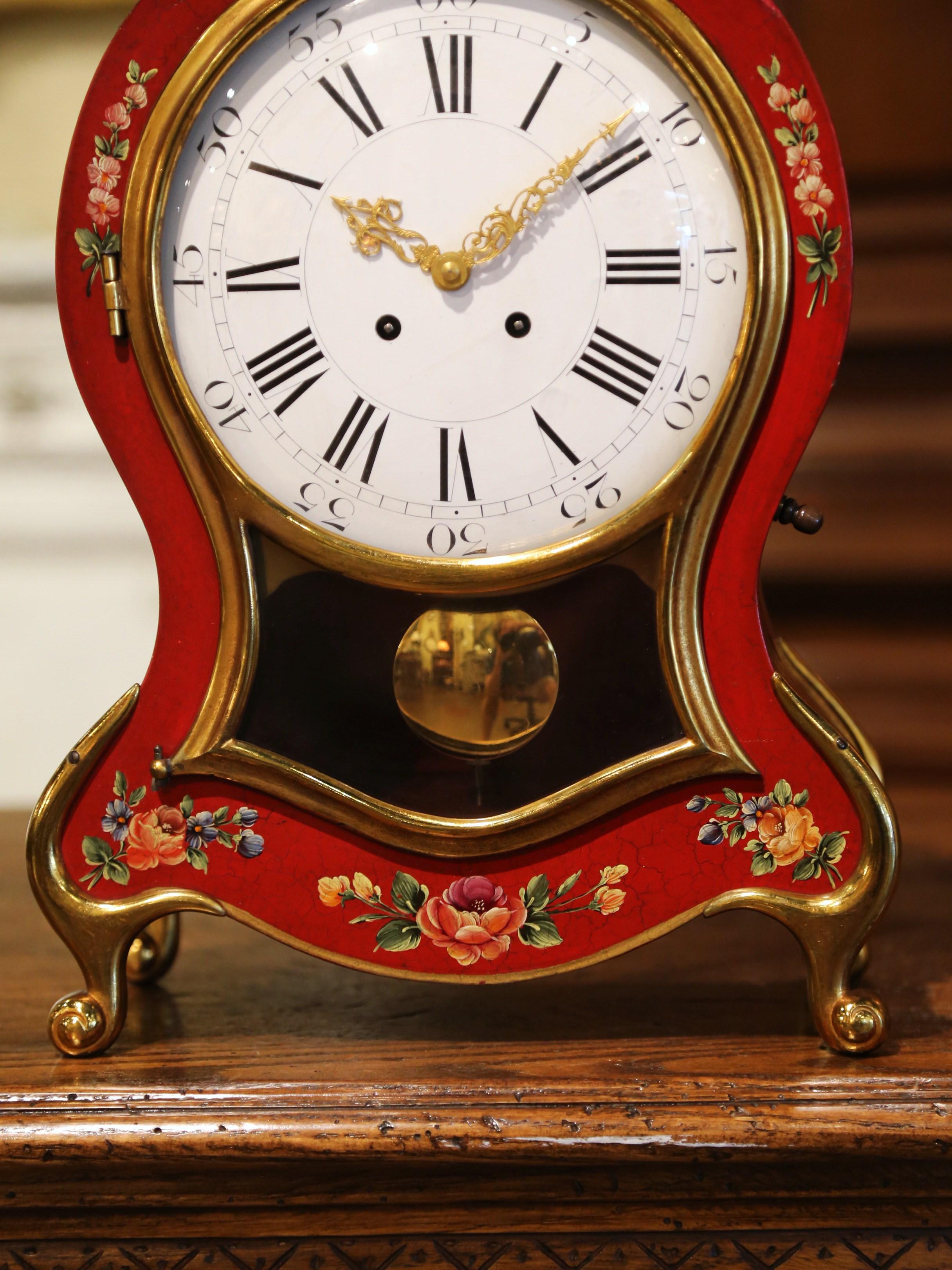 Mid-20th Century French Louis XV Carved Mantel Clock with Painted Floral Motifs 2