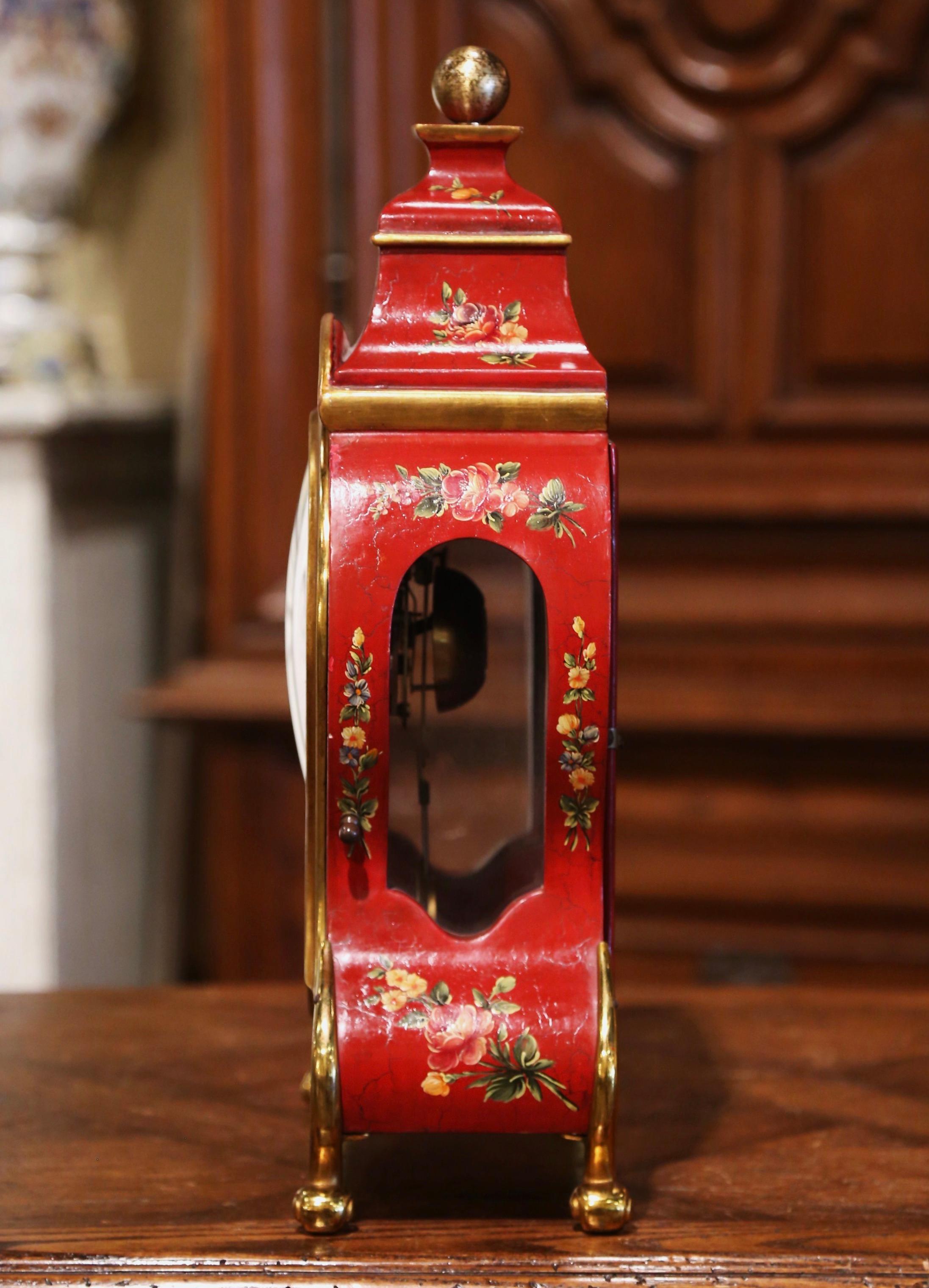 Mid-20th Century French Louis XV Carved Mantel Clock with Painted Floral Motifs 3