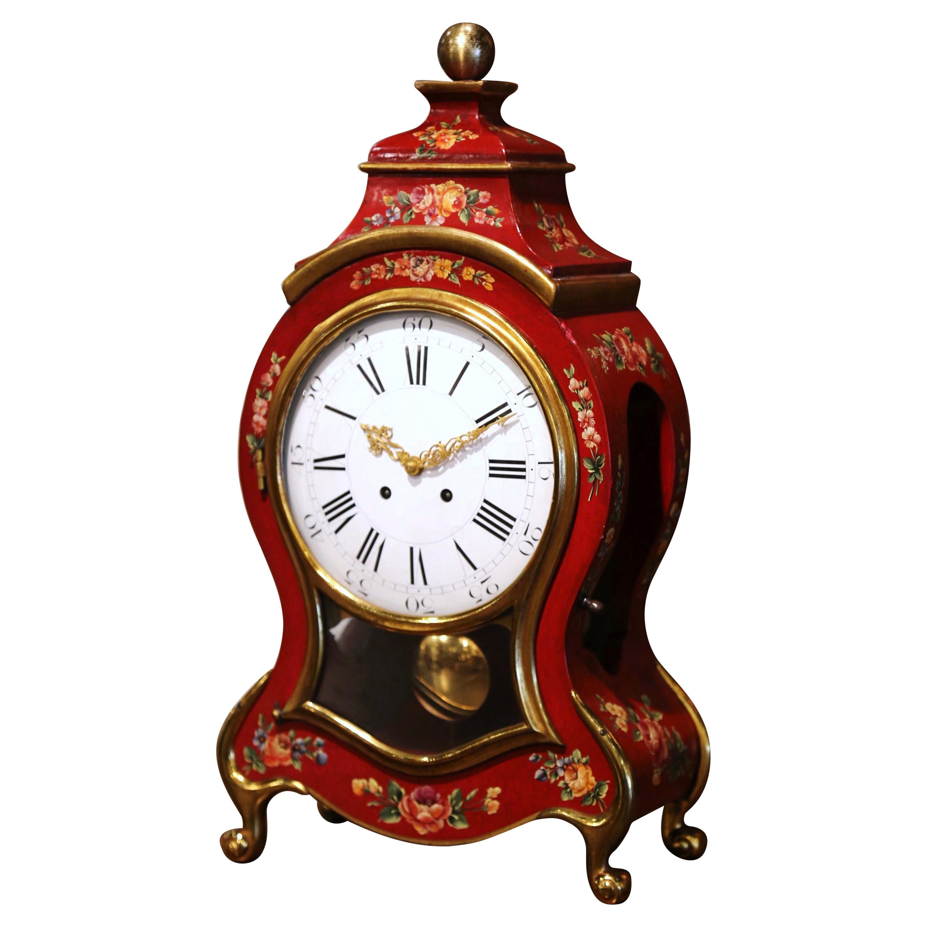 Mid-20th Century French Louis XV Carved Mantel Clock with Painted Floral Motifs