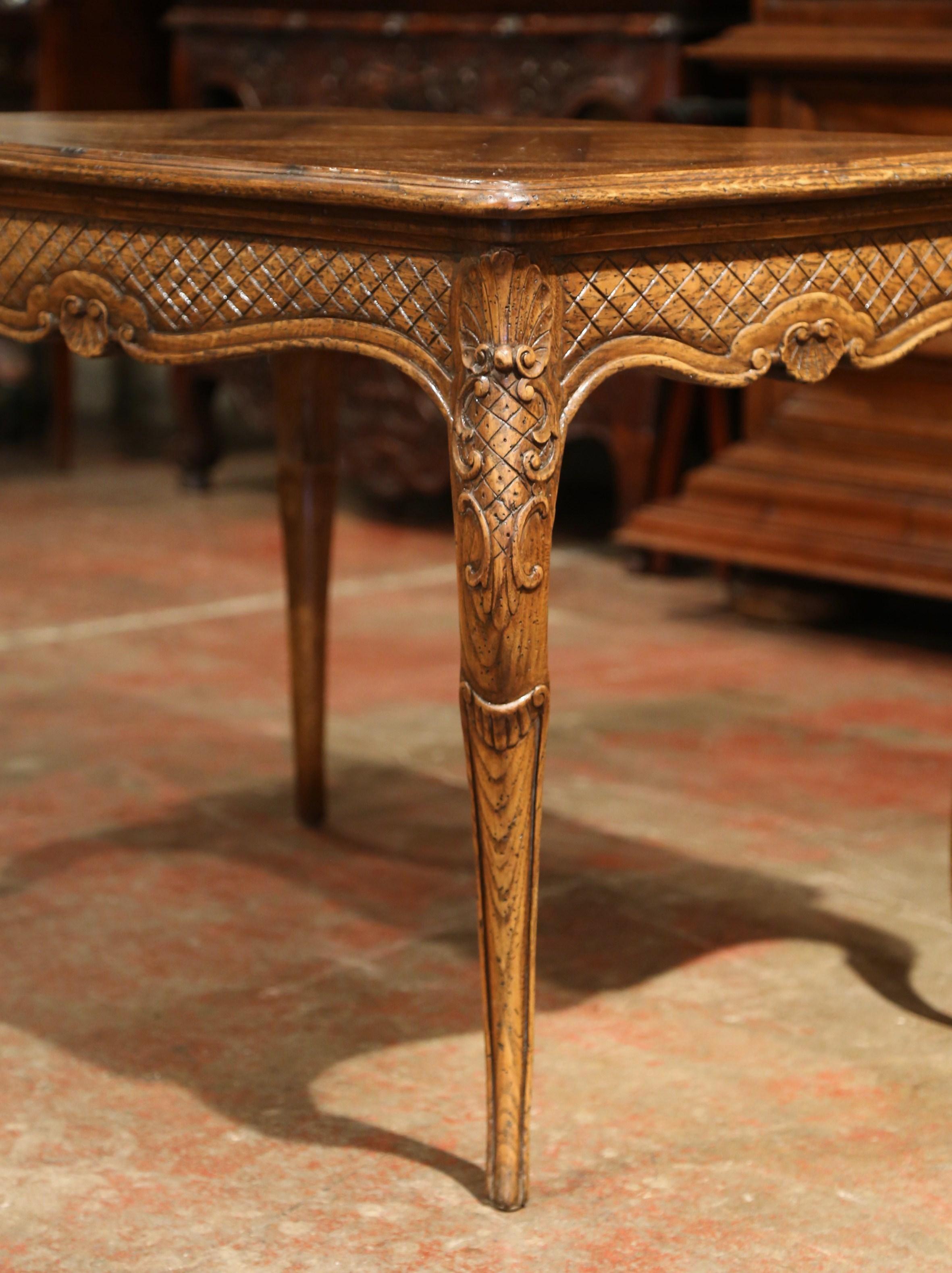 20th Century Midcentury French Louis XV Carved Oak Side Table with Inlay Parquetry Decor For Sale