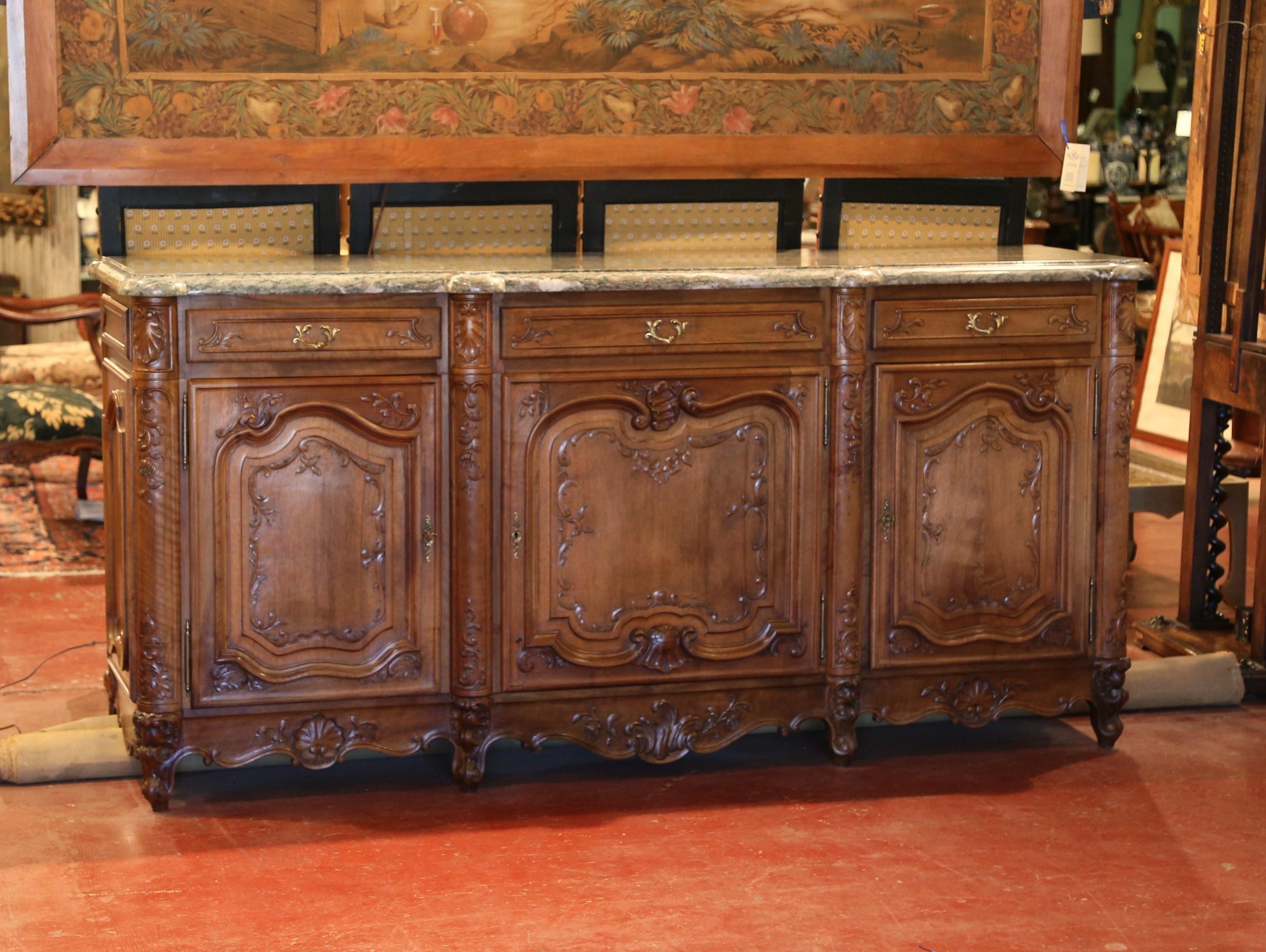 Mid-20th Century French Louis XV Carved Walnut Three-Door Buffet with Marble Top 1