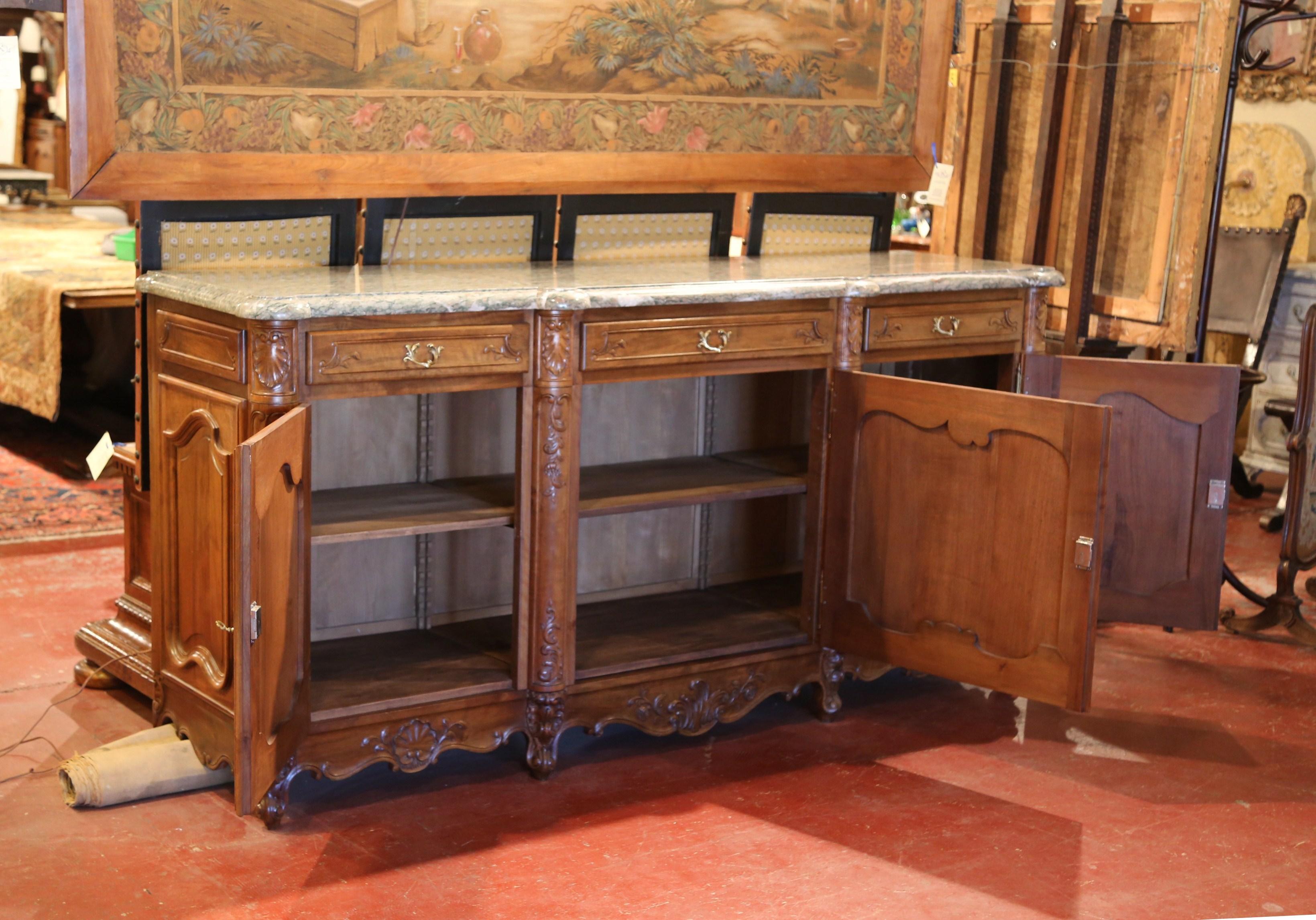 Mid-20th Century French Louis XV Carved Walnut Three-Door Buffet with Marble Top 2