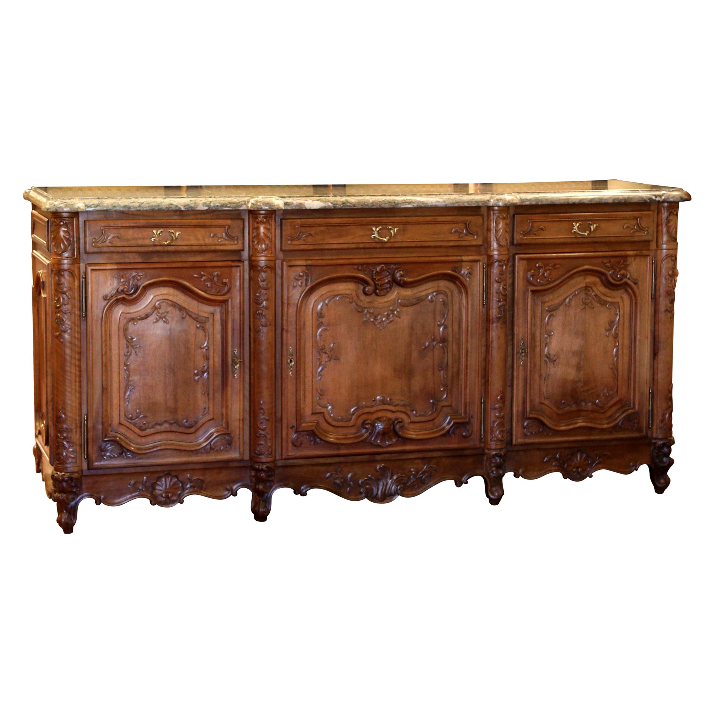 Mid-20th Century French Louis XV Carved Walnut Three-Door Buffet with Marble Top