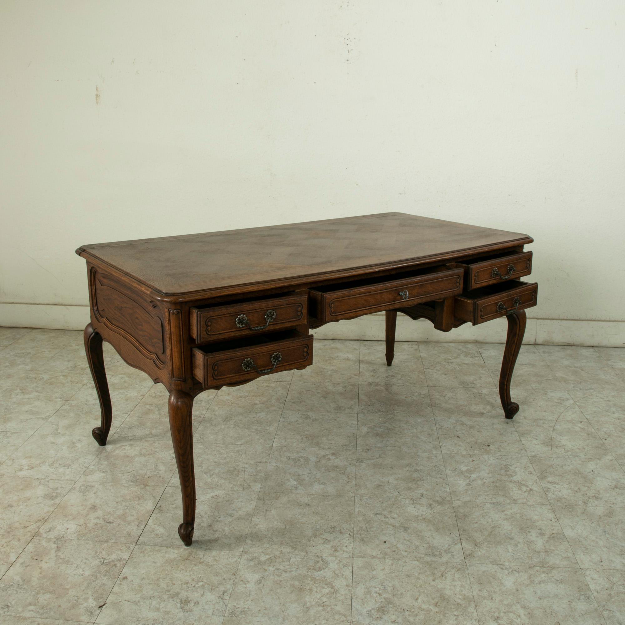 Mid-20th Century French Louis XV Style Oak Desk, Parquet Top, Five Drawers 8
