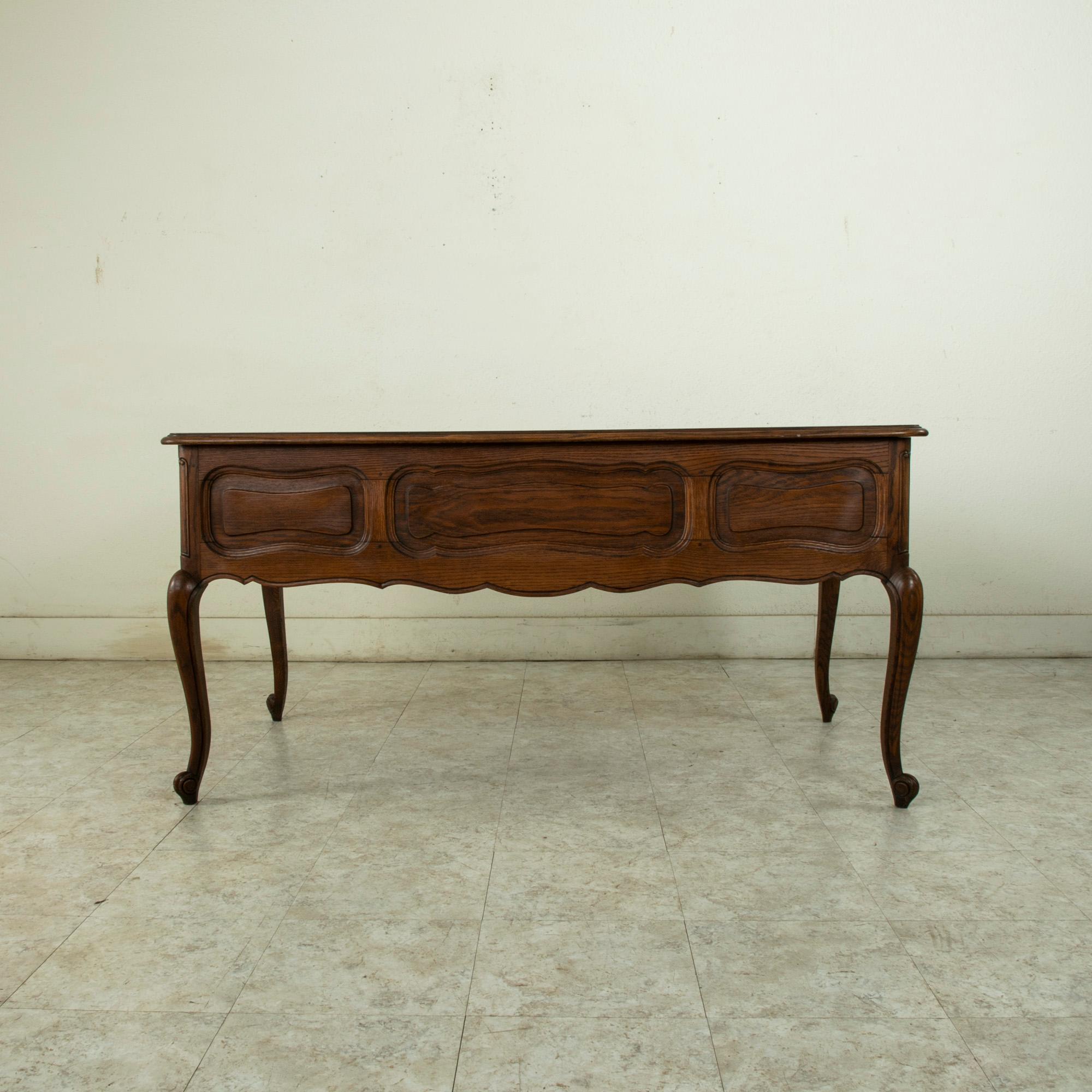 Iron Mid-20th Century French Louis XV Style Oak Desk, Parquet Top, Five Drawers