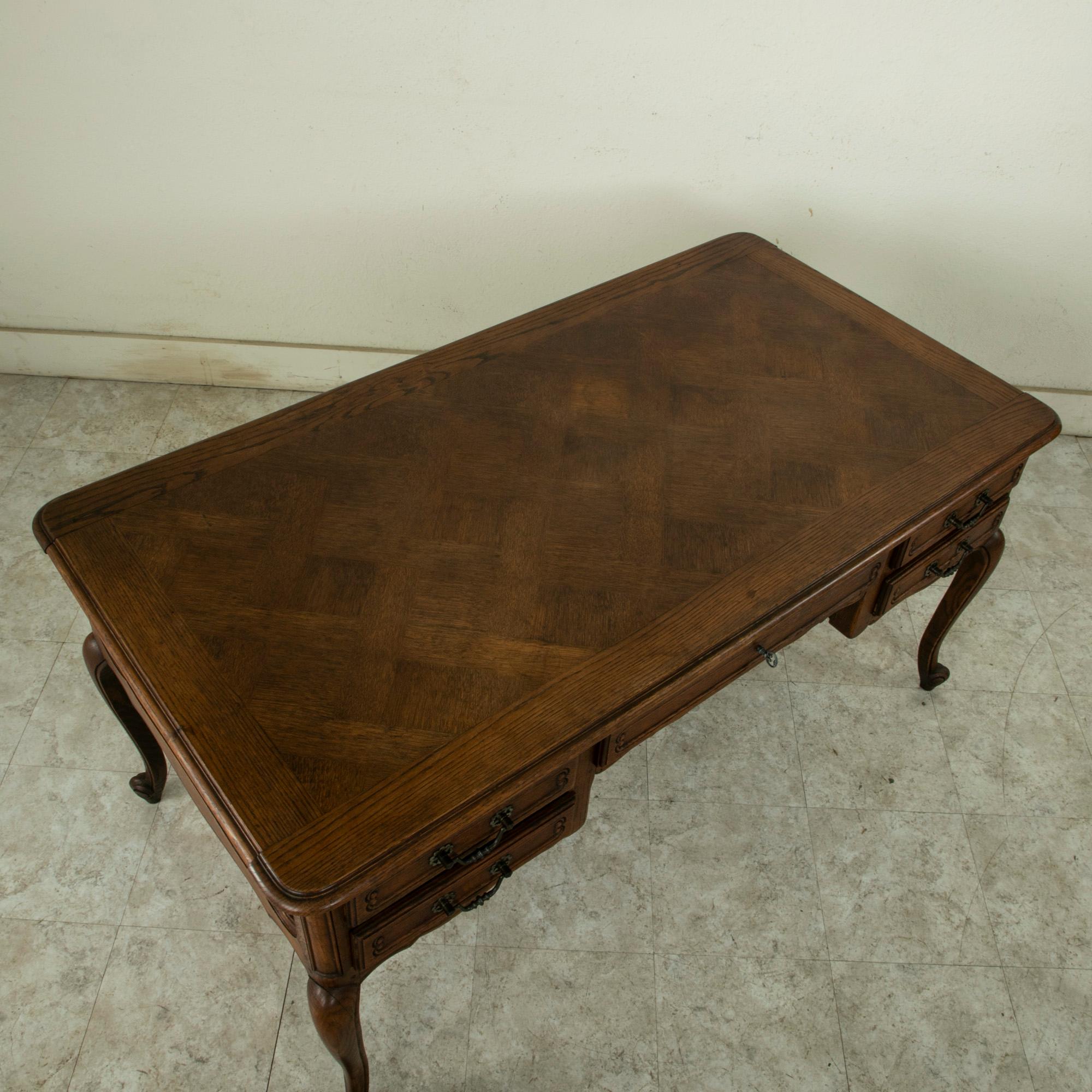 Mid-20th Century French Louis XV Style Oak Desk, Parquet Top, Five Drawers 2