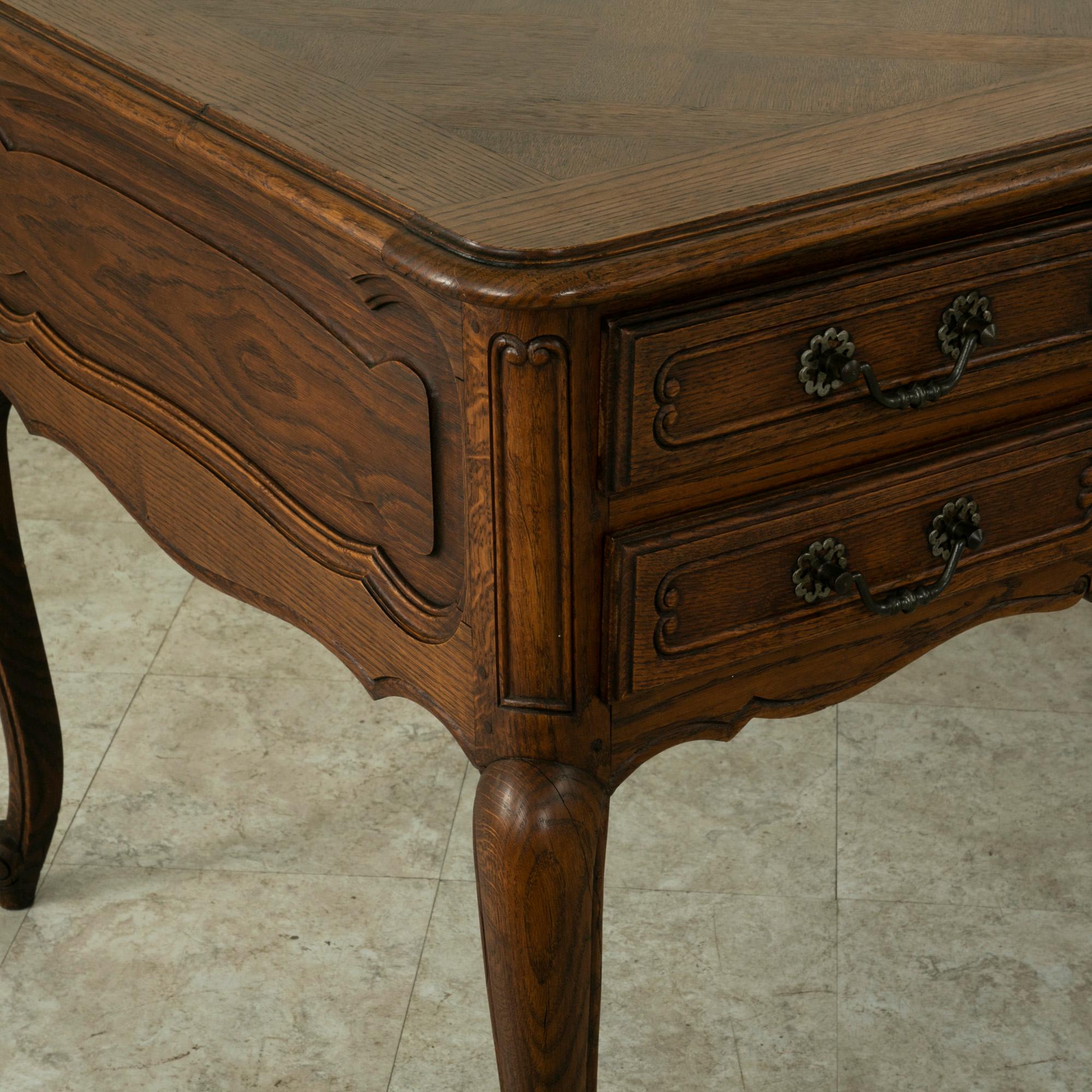 Mid-20th Century French Louis XV Style Oak Desk, Parquet Top, Five Drawers 4