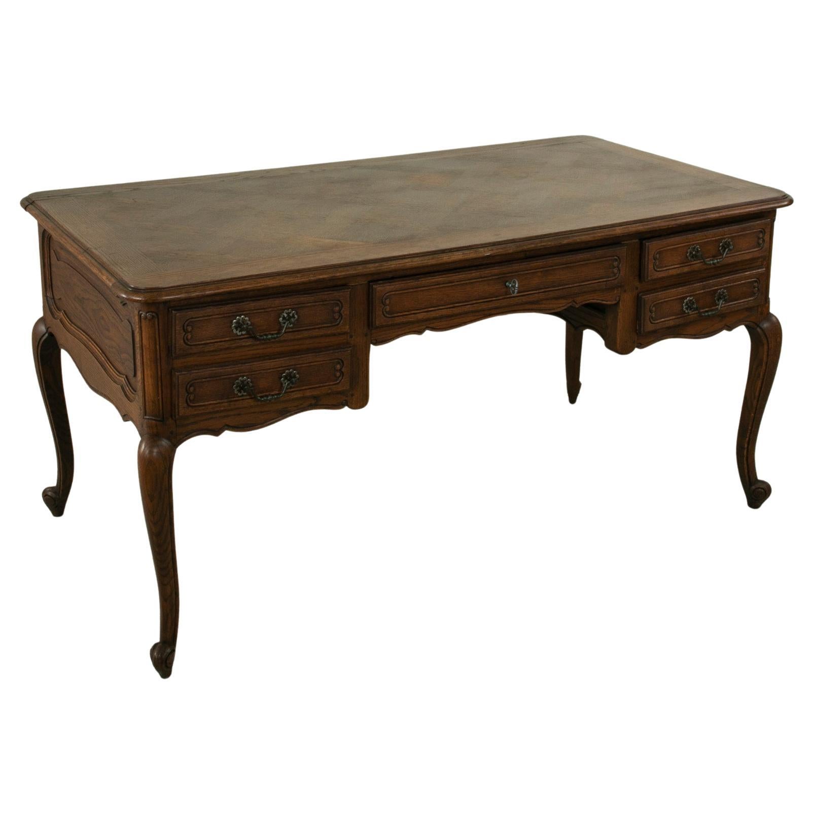 Mid-20th Century French Louis XV Style Oak Desk, Parquet Top, Five Drawers