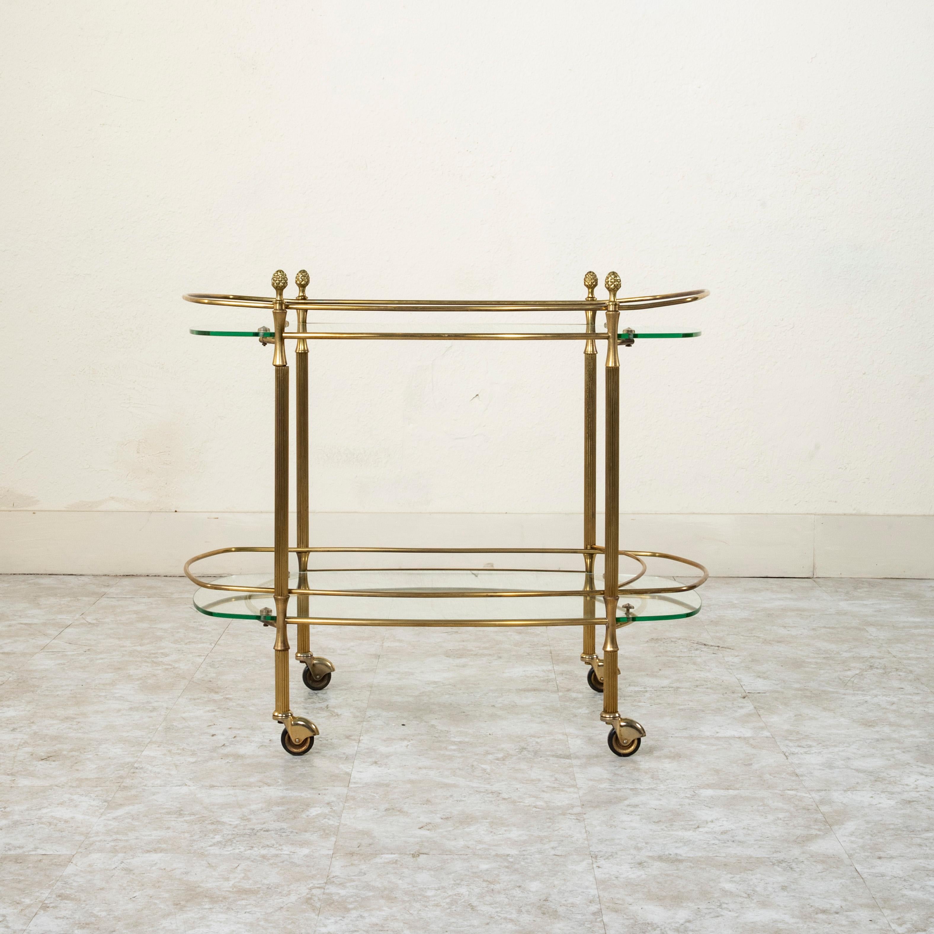 Mid-Century Modern Mid-20th Century French Louis XVI Style Brass and Glass Bar Cart
