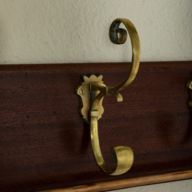 Mid20th Century French Mahogany and Brass Hat and Coat Rack with Tie