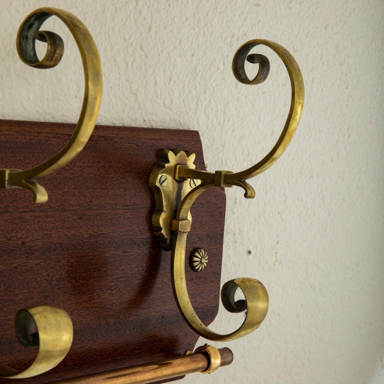 Mid20th Century French Mahogany and Brass Hat and Coat Rack with Tie