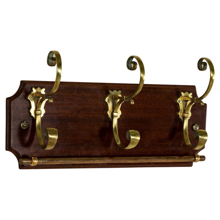 Mid20th Century French Mahogany and Brass Hat and Coat Rack with Tie