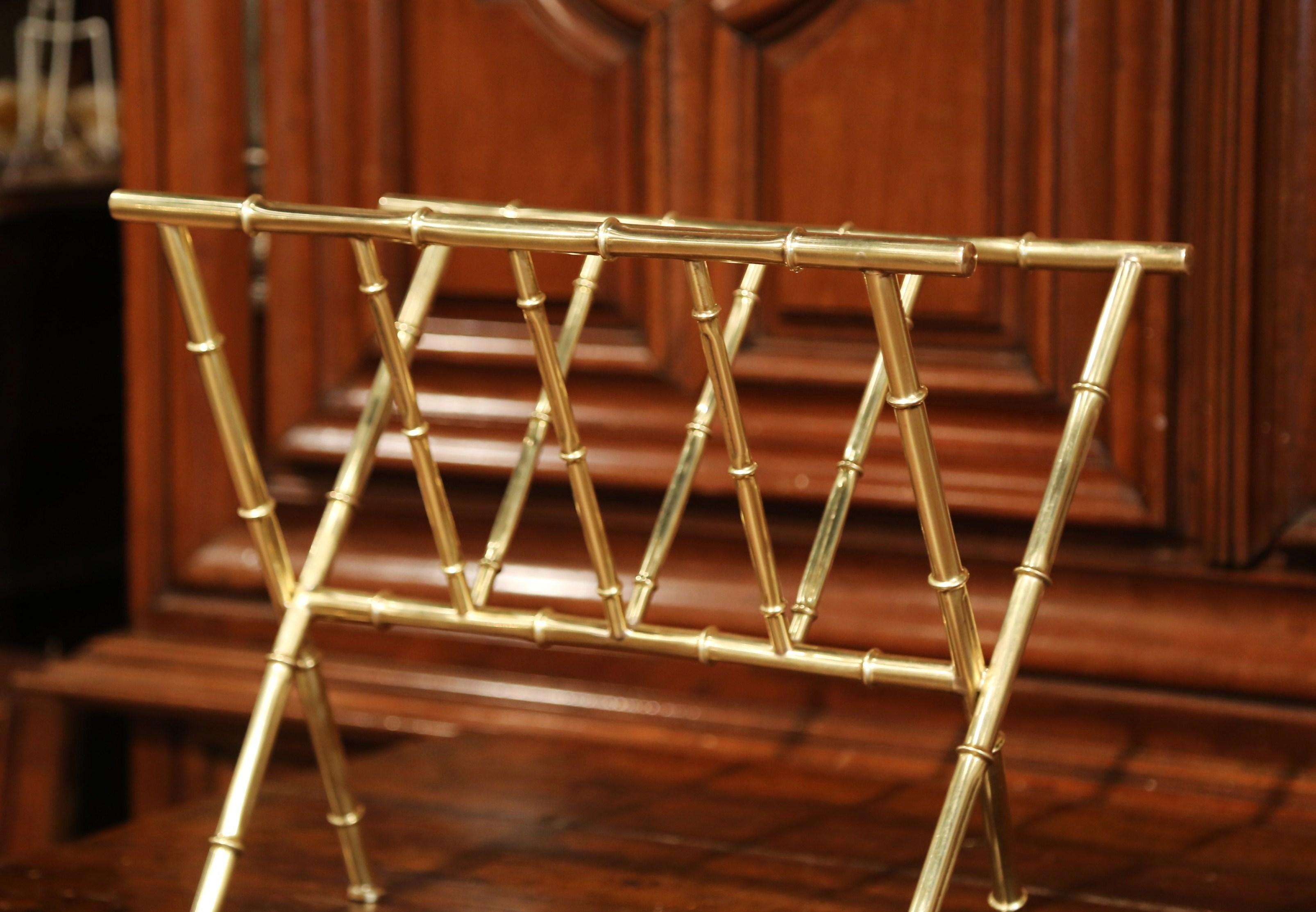 Mid-20th Century French Bamboo Brass Magazine Rack from Maison Baguès, Paris In Excellent Condition In Dallas, TX