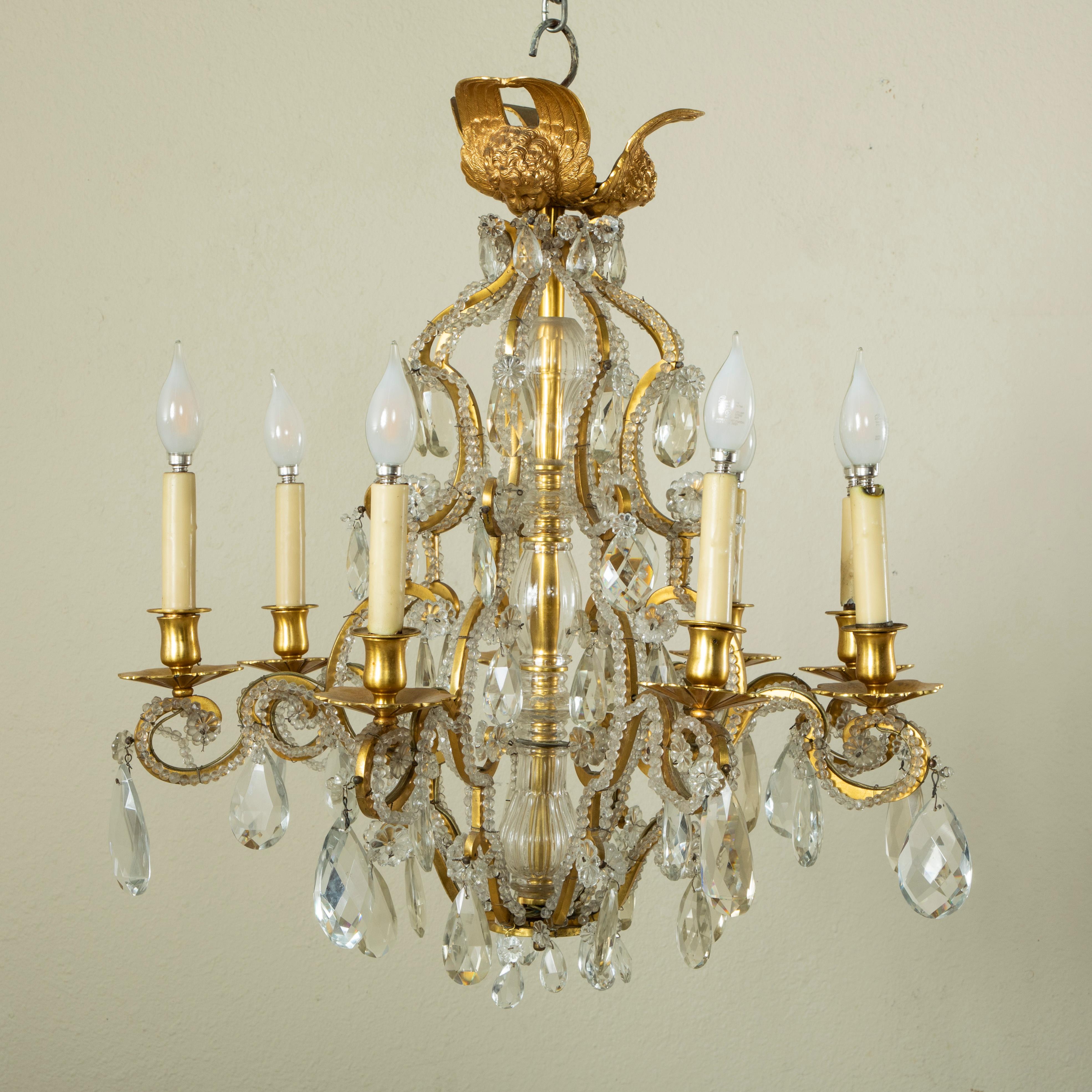 Mid-20th Century French Maison Bagues Bronze and Crystal Chandelier with Angels In Good Condition For Sale In Fayetteville, AR