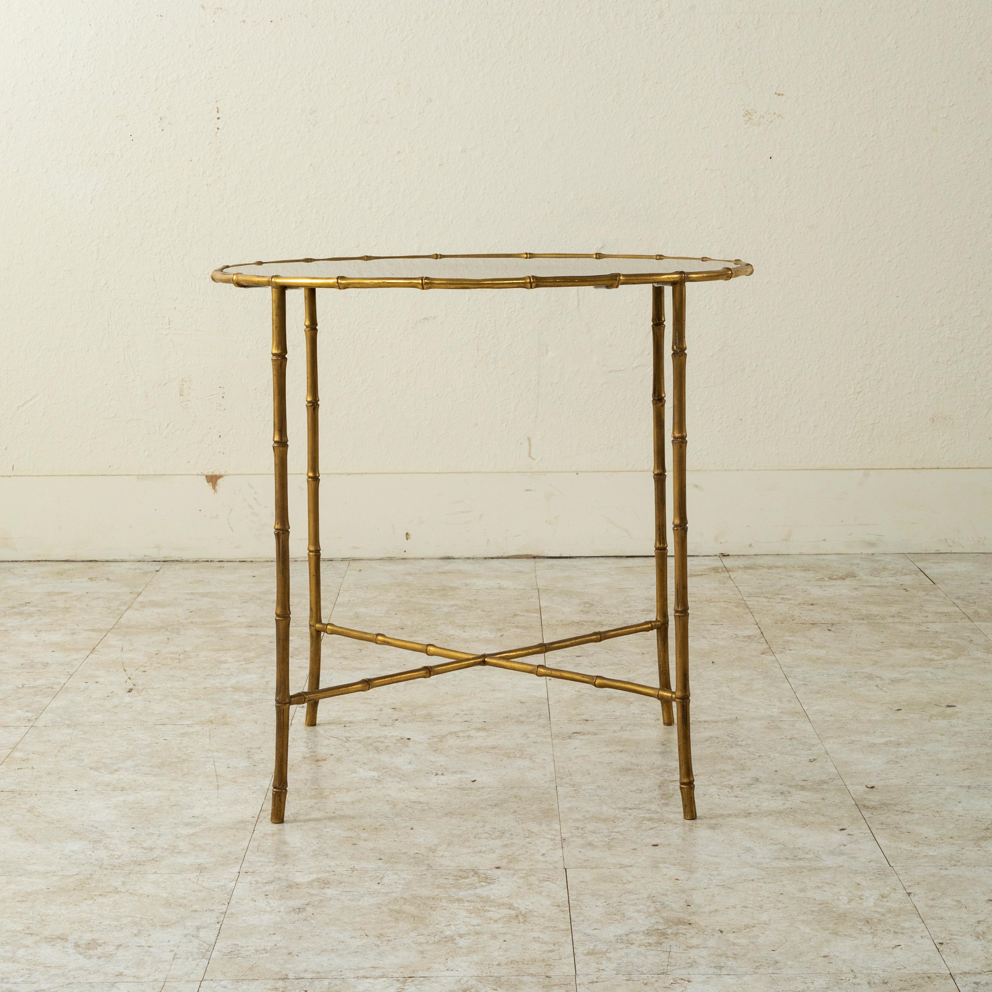 Mid-Century Modern Mid-20th Century French Maison Bagues Faux Bamboo Bronze and Glass Side Table