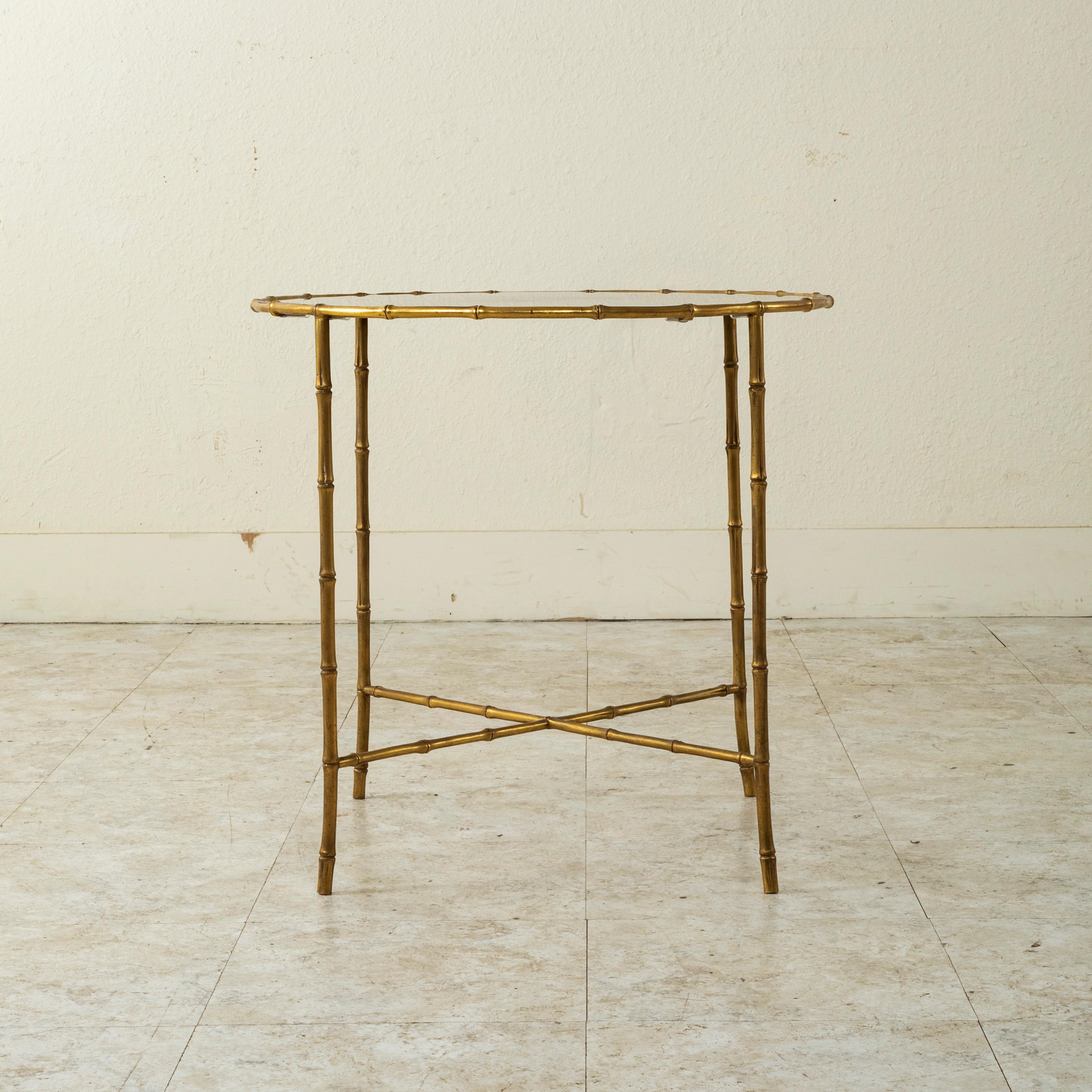 Mid-20th Century French Maison Bagues Faux Bamboo Bronze and Glass Side Table In Good Condition In Fayetteville, AR