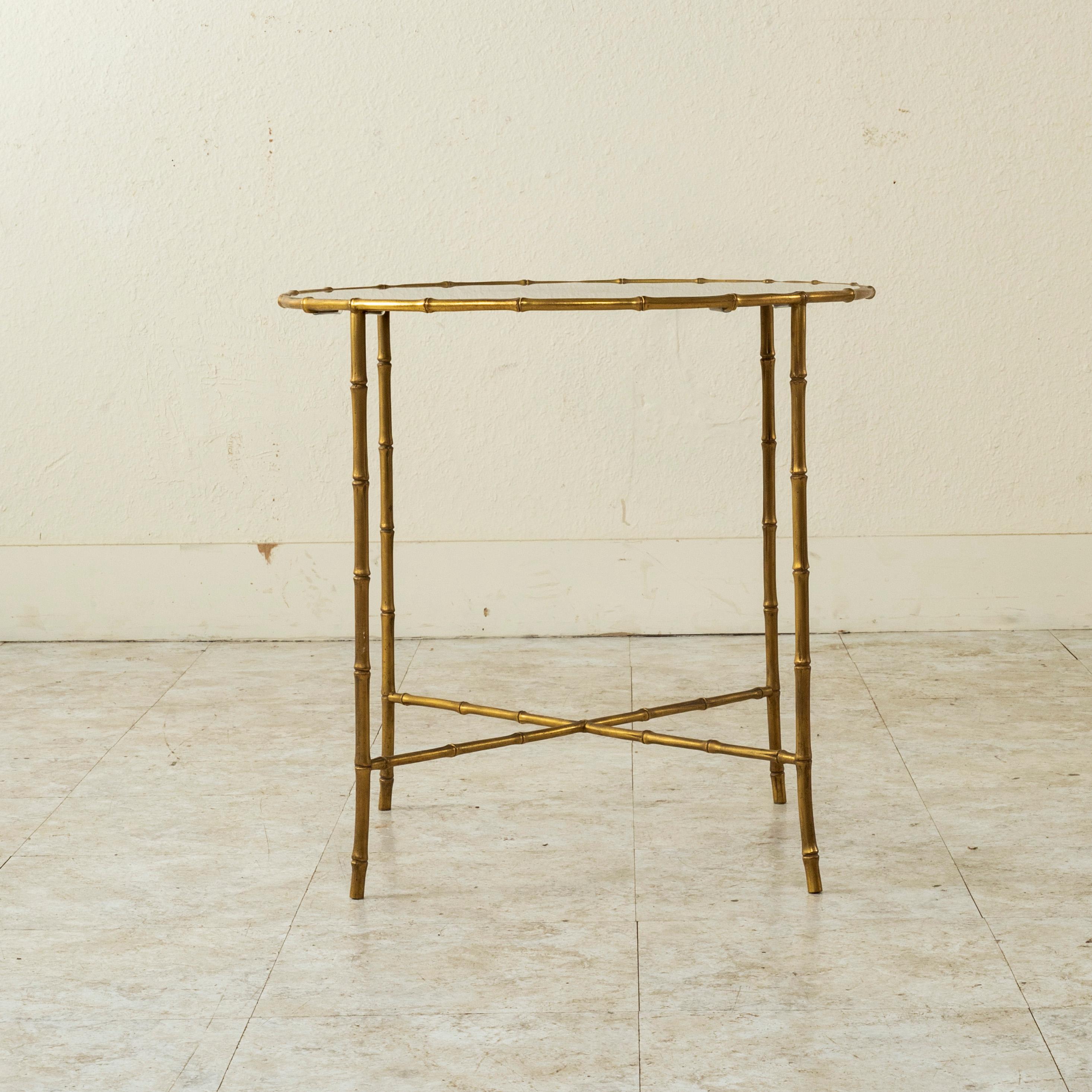Mid-20th Century French Maison Bagues Faux Bamboo Bronze and Glass Side Table 1