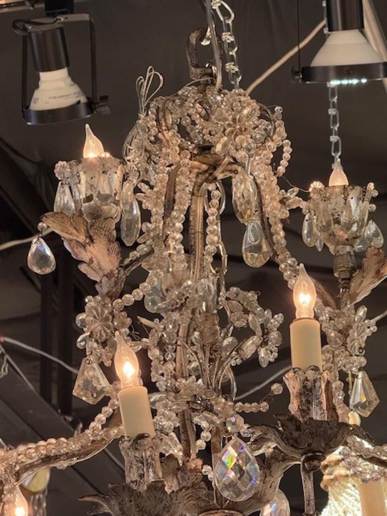 Mid 20th Century French Maison Gilt Silver Tole and Crystal Chandelier In Good Condition For Sale In Dallas, TX