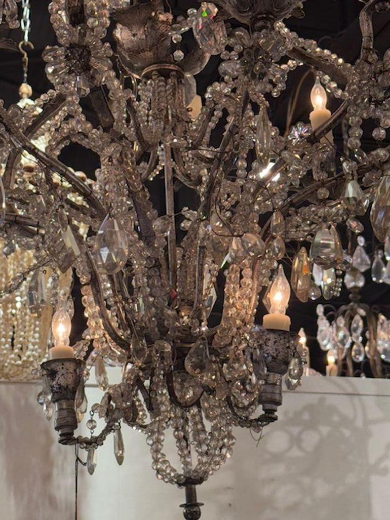 Mid 20th Century French Maison Gilt Silver Tole and Crystal Chandelier For Sale 1
