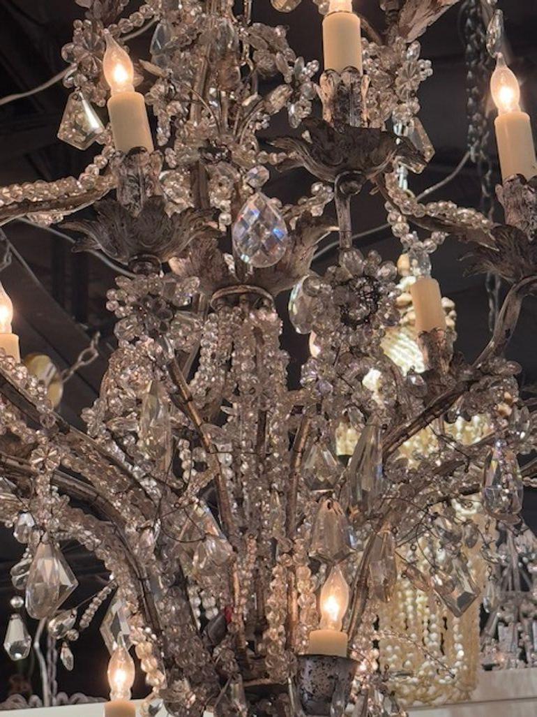 Mid 20th Century French Maison Gilt Silver Tole and Crystal Chandelier For Sale 3