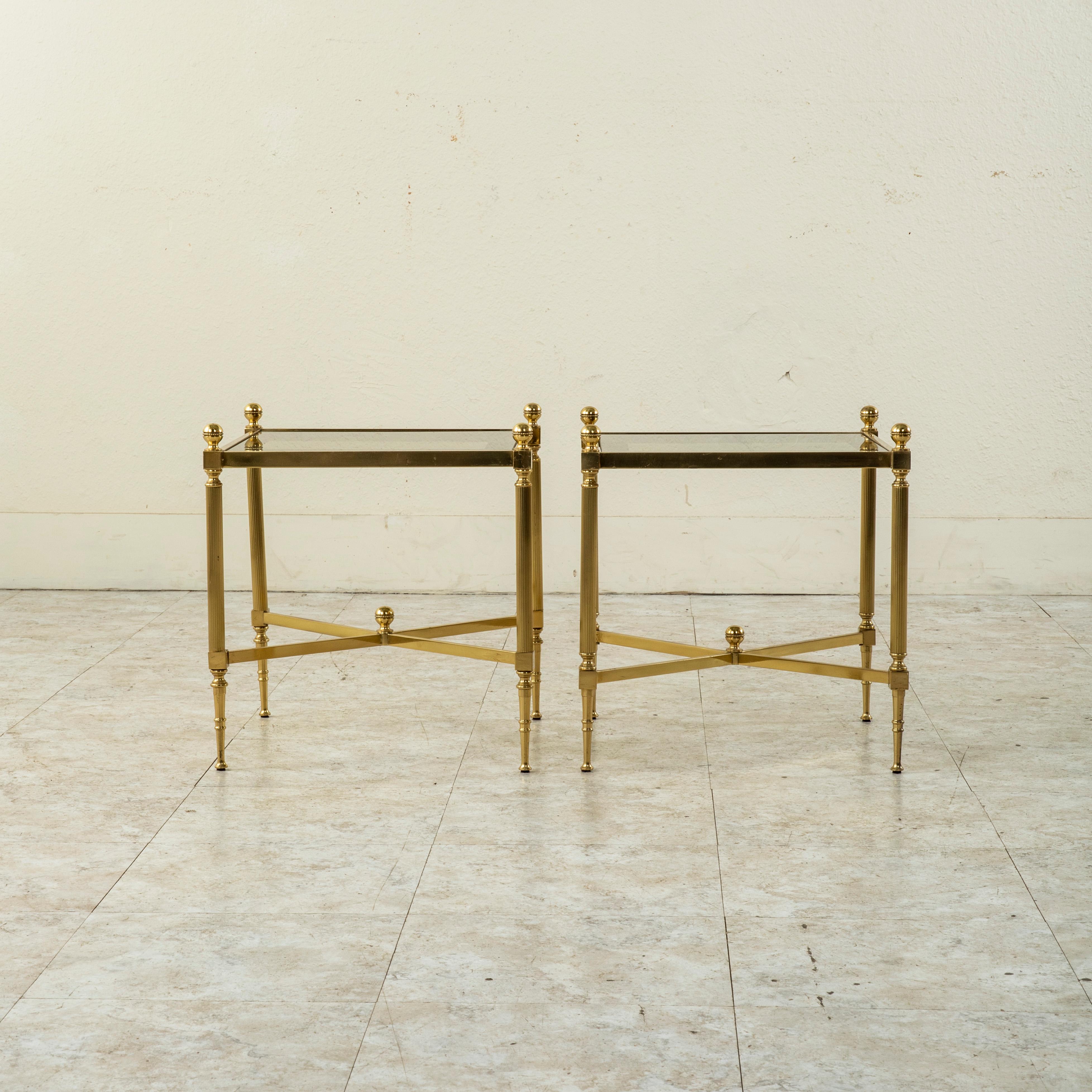 Mid-20th Century French Maison Jansen Brass and Glass Side Tables or End Tables In Good Condition In Fayetteville, AR