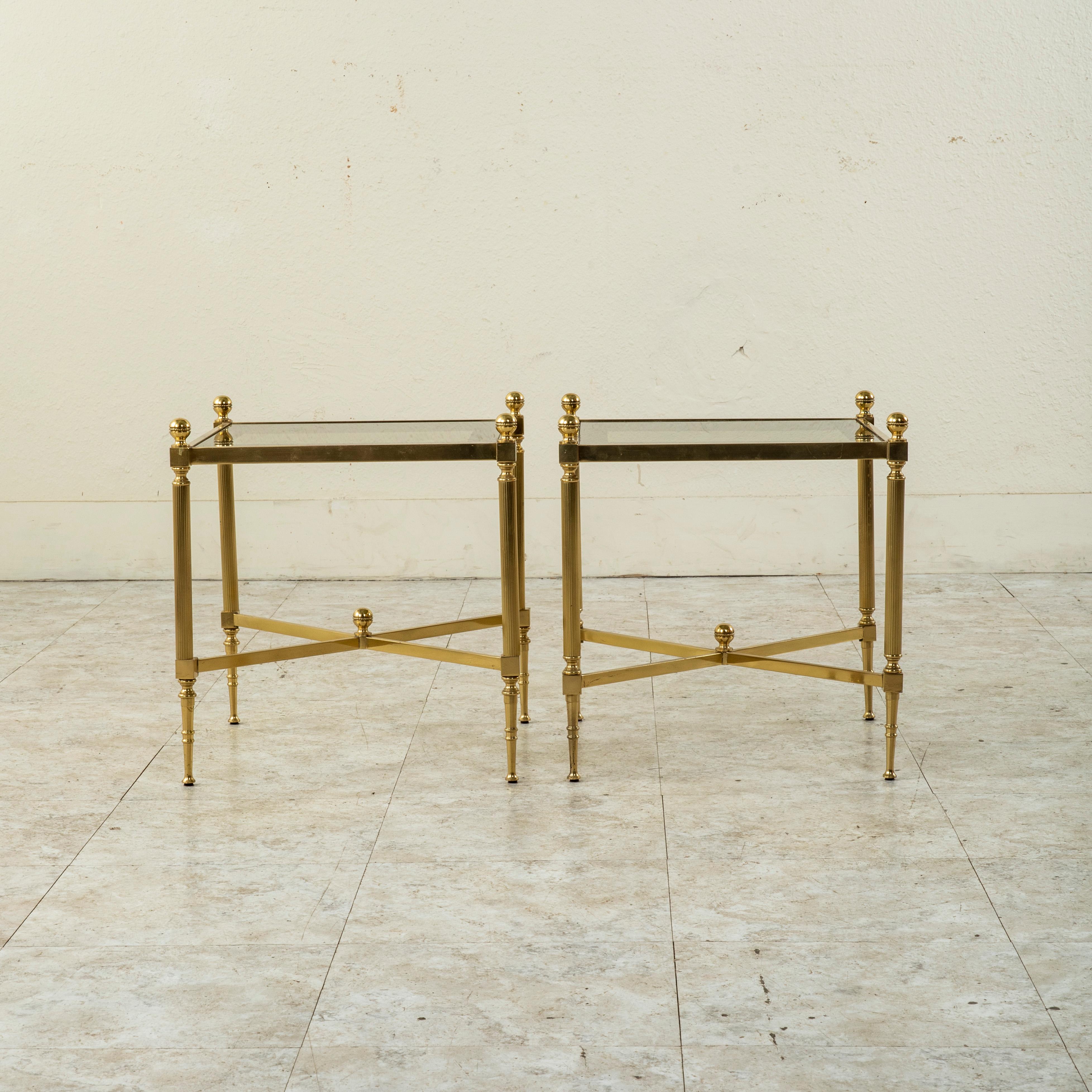 Mid-20th Century French Maison Jansen Brass and Glass Side Tables or End Tables 1