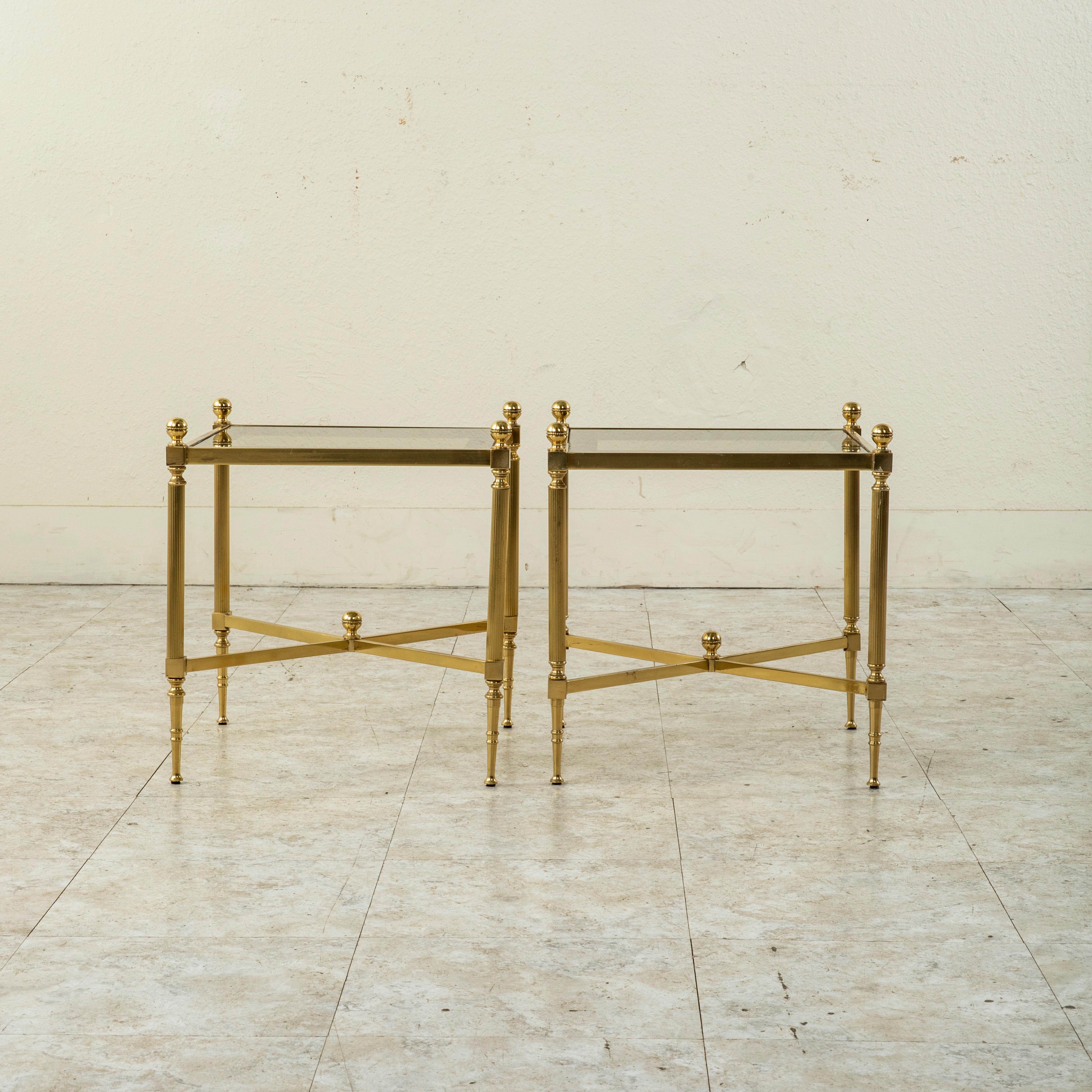 Mid-20th Century French Maison Jansen Brass and Glass Side Tables or End Tables 3