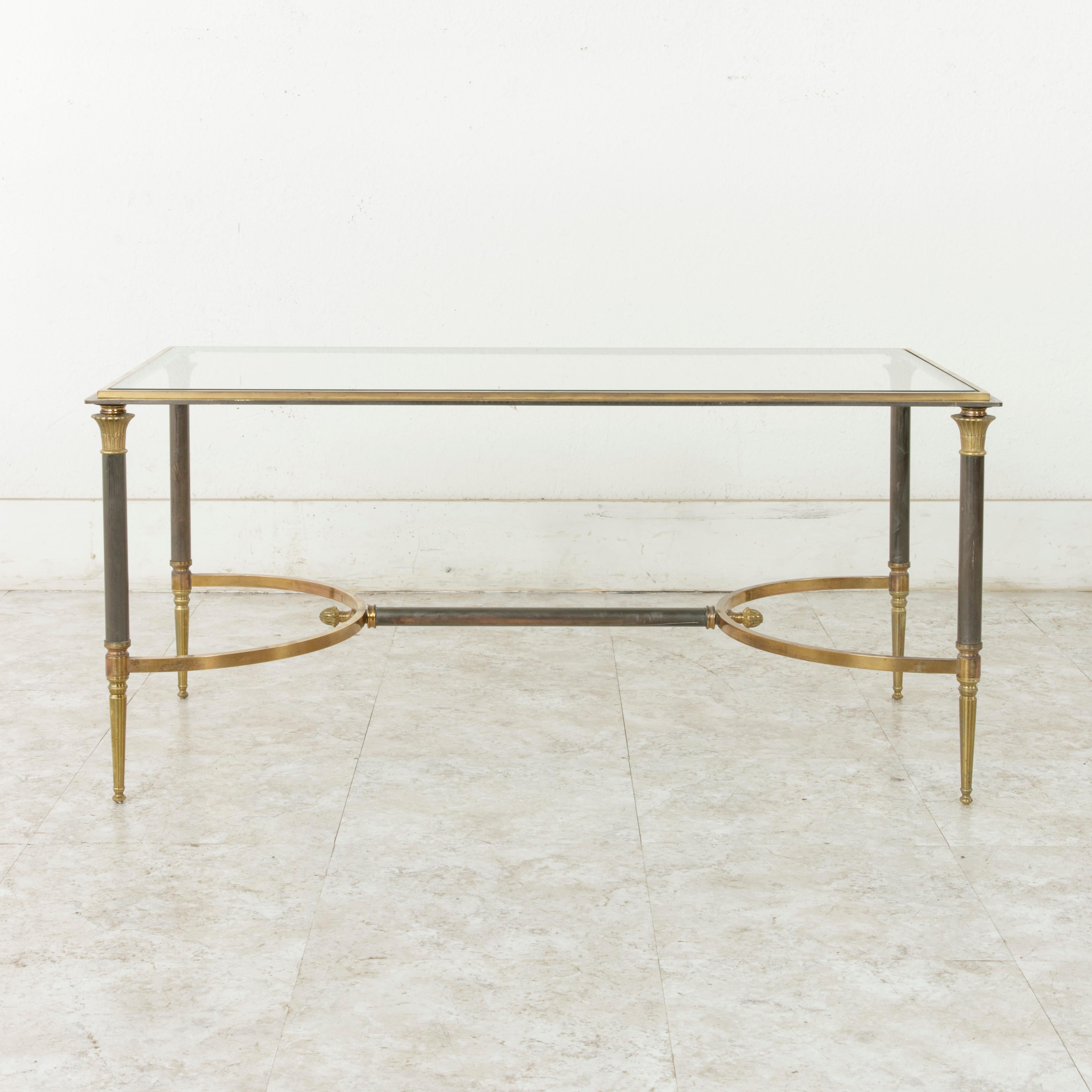 Mid-20th Century French Maison Jansen Brass and Iron Coffee Table with Glass Top In Good Condition In Fayetteville, AR