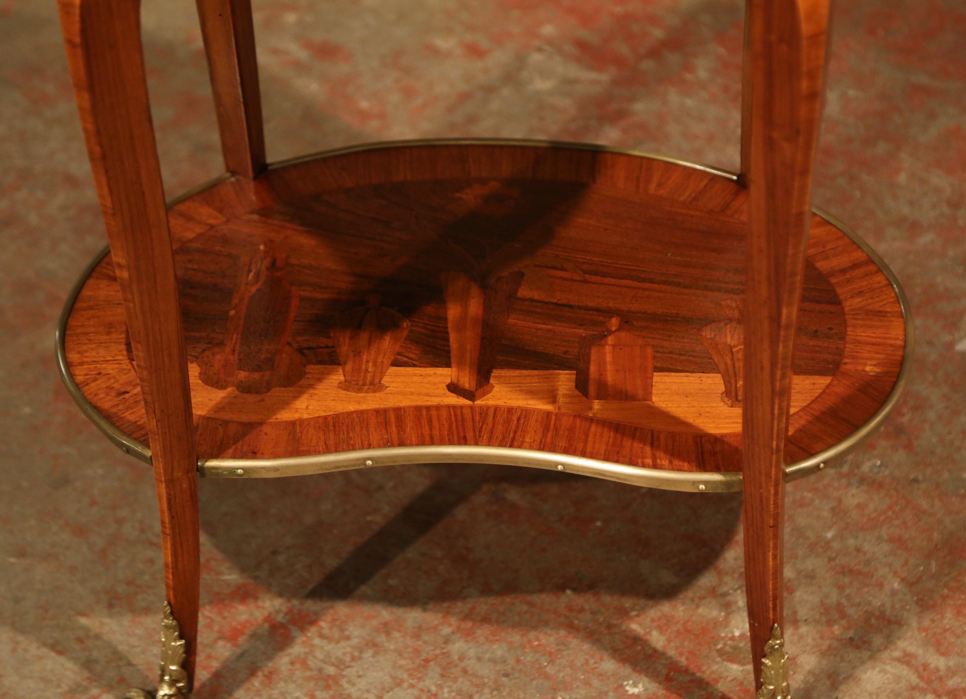 Mid-20th Century French Marquetry Cherry and Brass Side Table with Marble Top 5