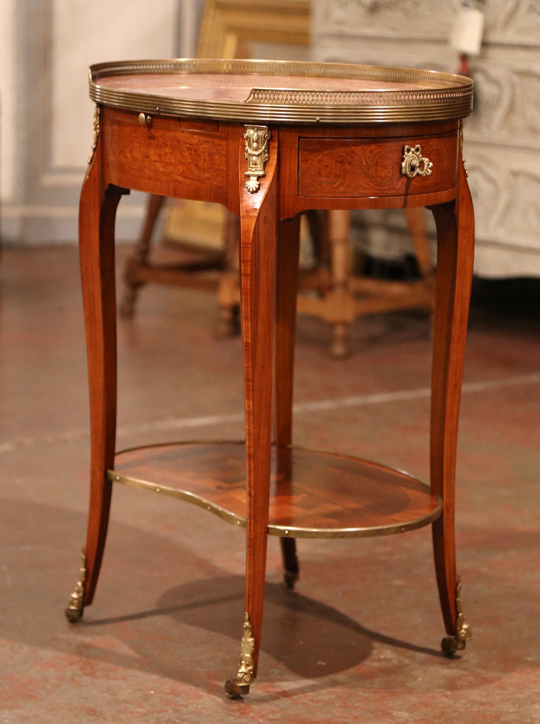 Mid-20th Century French Marquetry Cherry and Brass Side Table with Marble Top 6