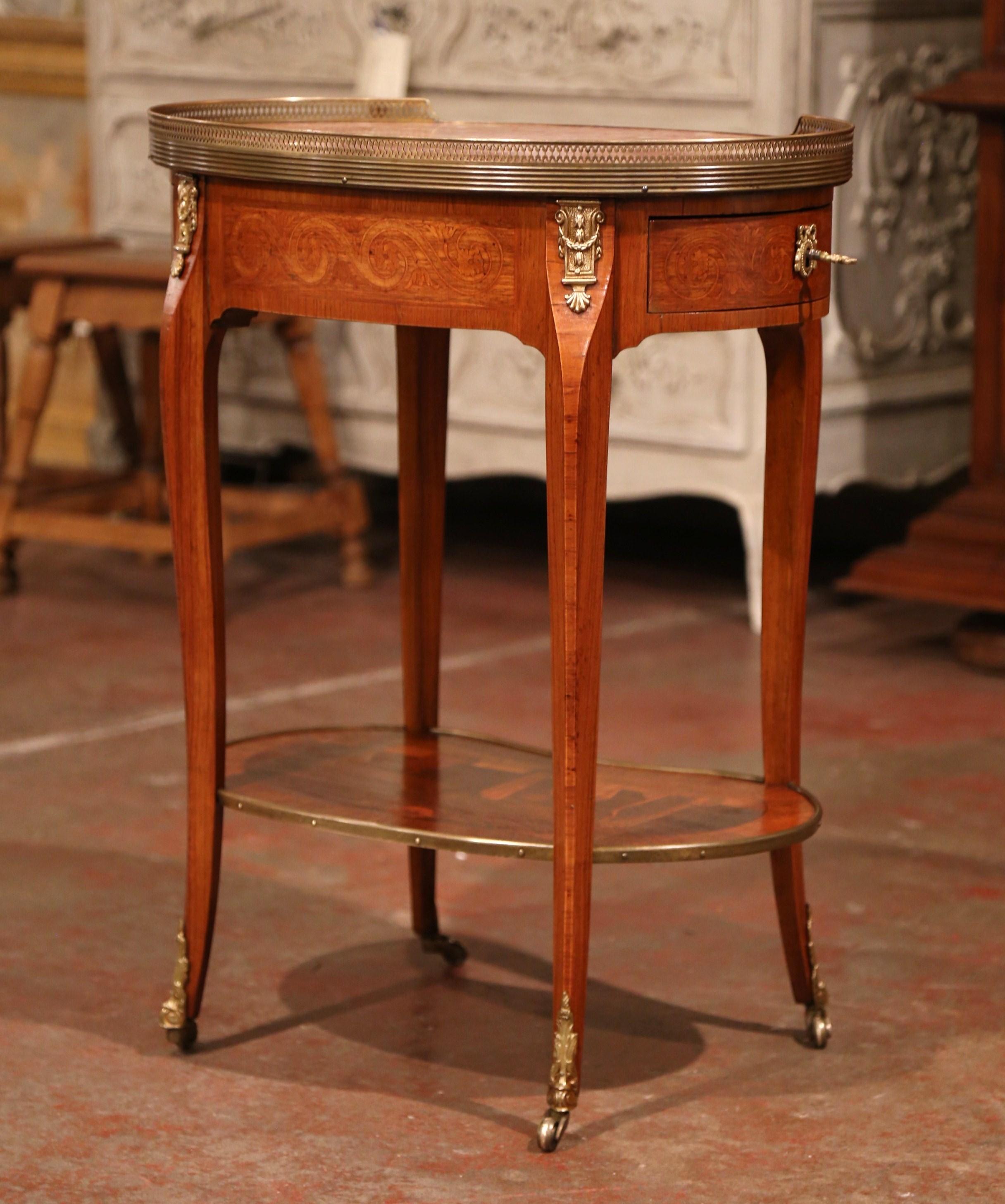 Mid-20th Century French Marquetry Cherry and Brass Side Table with Marble Top 8