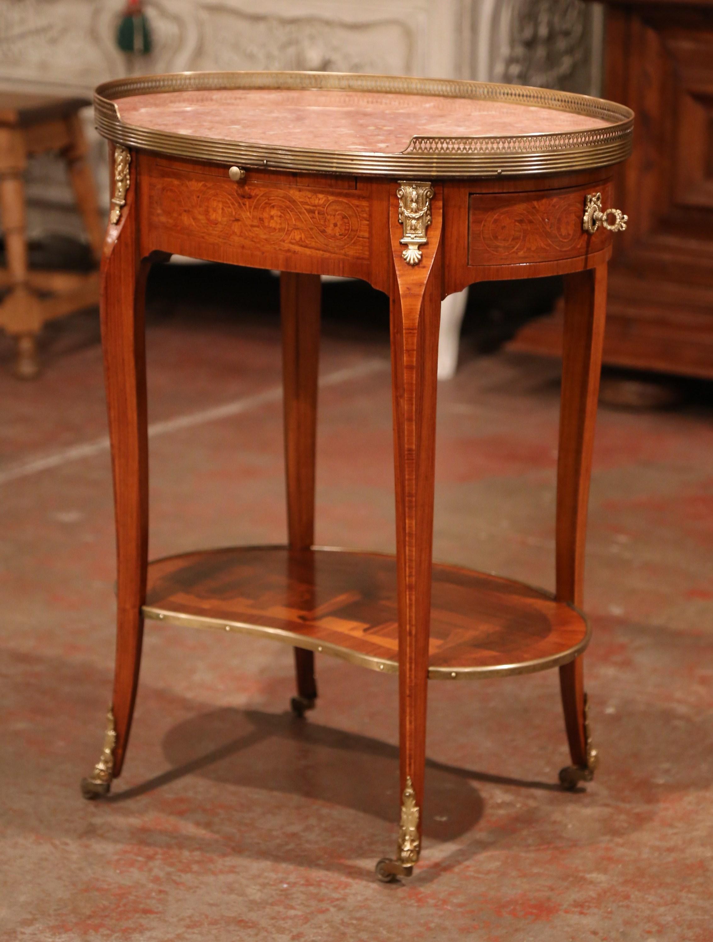 Louis XV Mid-20th Century French Marquetry Cherry and Brass Side Table with Marble Top