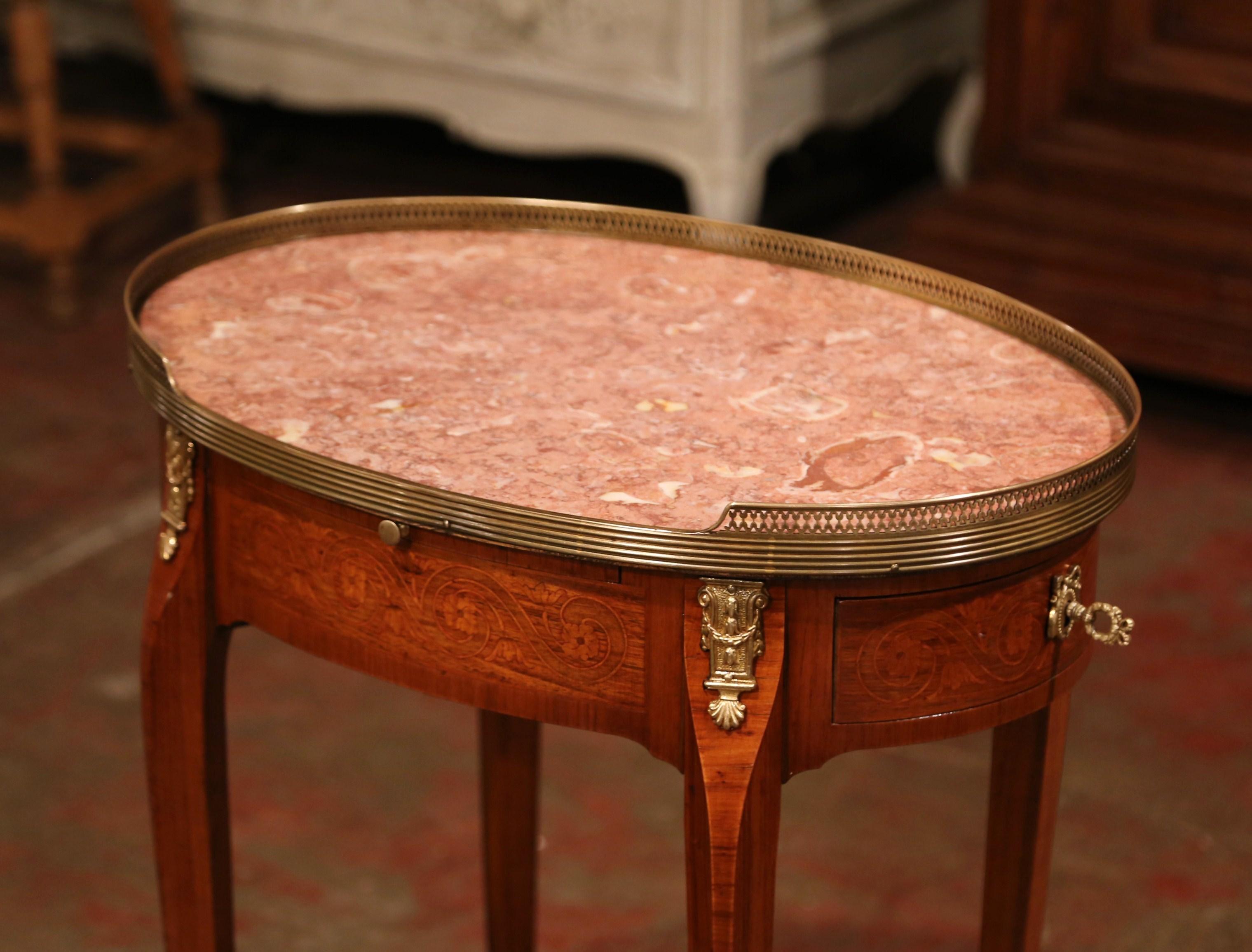 Hand-Carved Mid-20th Century French Marquetry Cherry and Brass Side Table with Marble Top