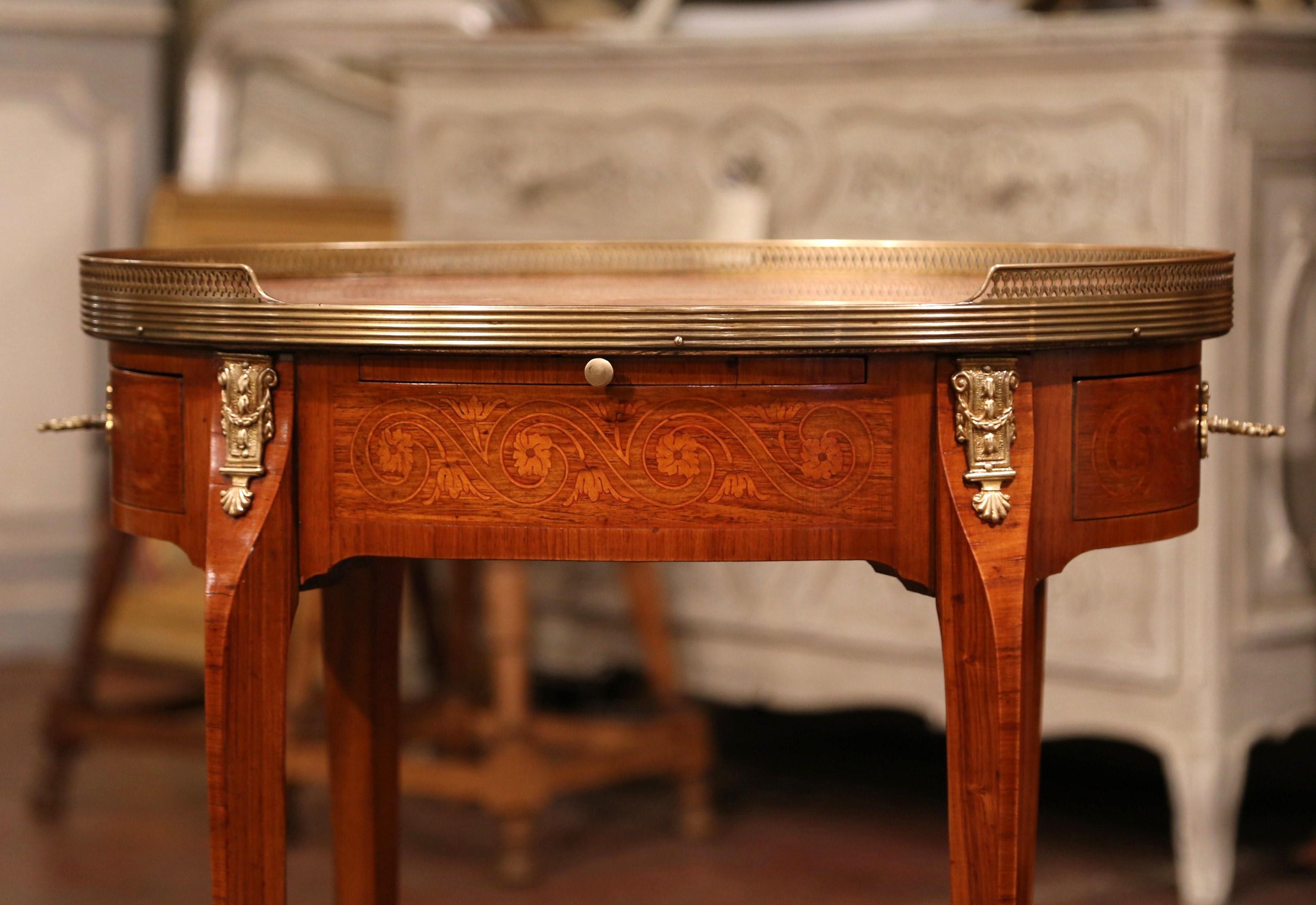 Mid-20th Century French Marquetry Cherry and Brass Side Table with Marble Top 1