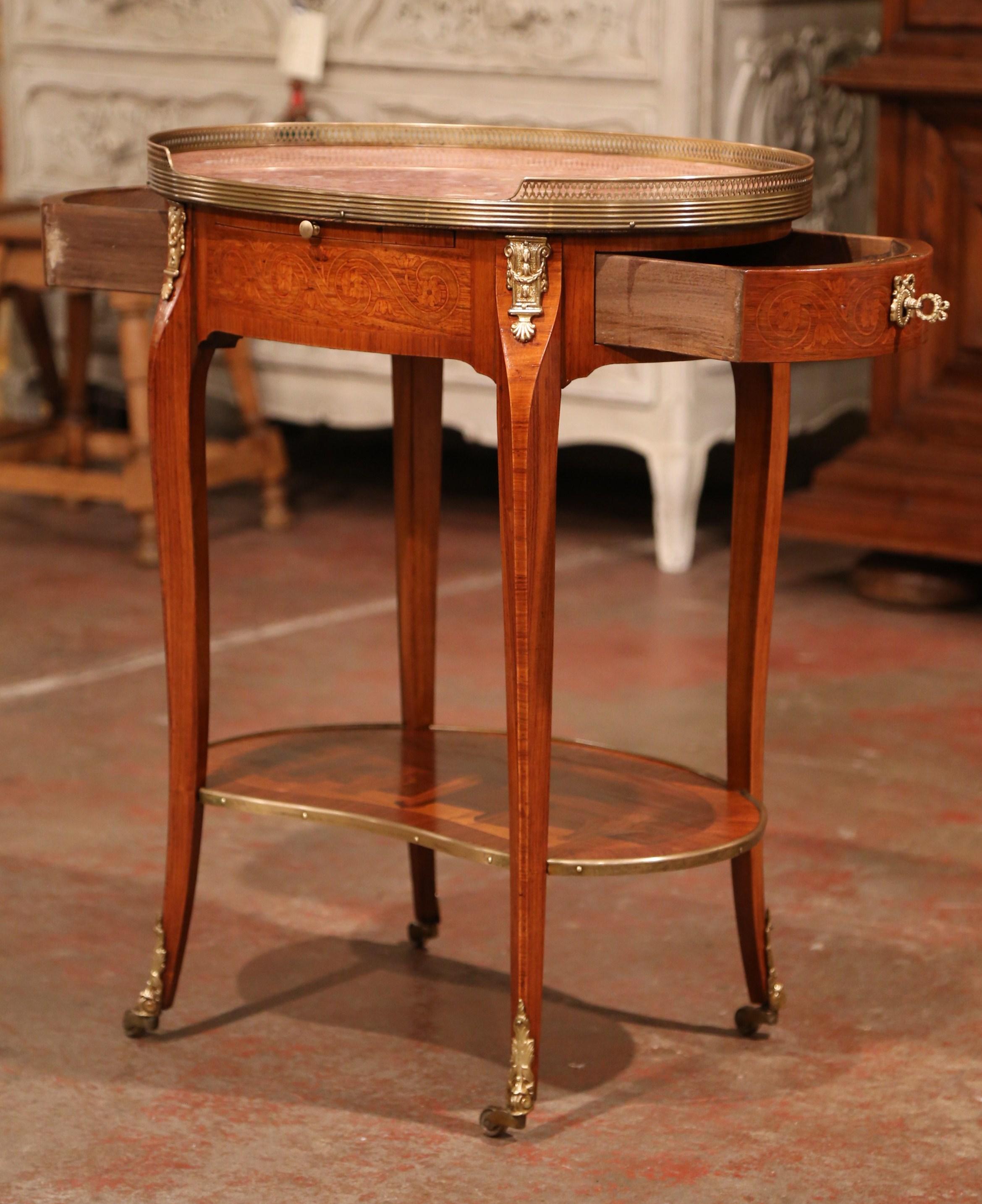 Mid-20th Century French Marquetry Cherry and Brass Side Table with Marble Top 2