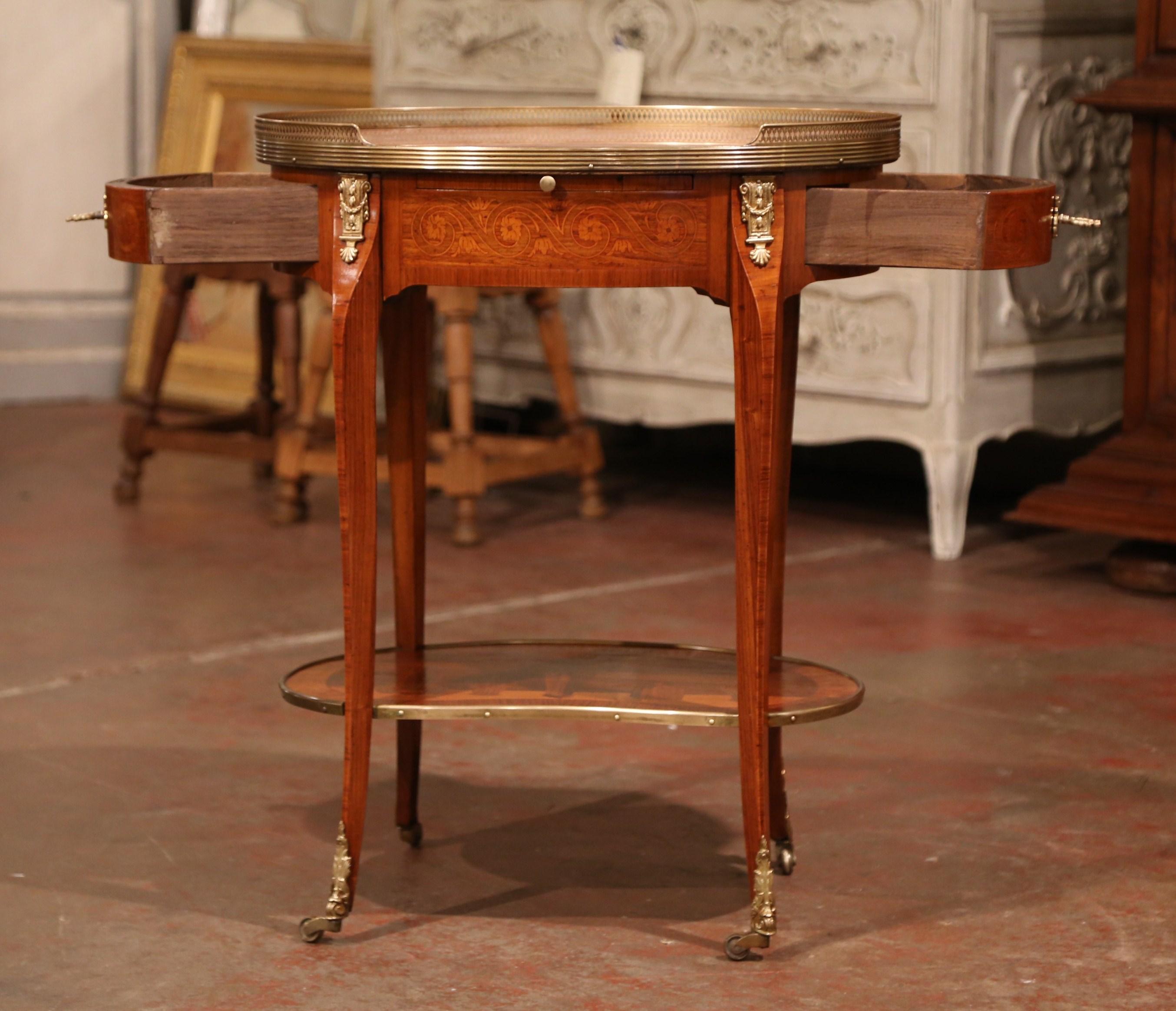 Mid-20th Century French Marquetry Cherry and Brass Side Table with Marble Top 3
