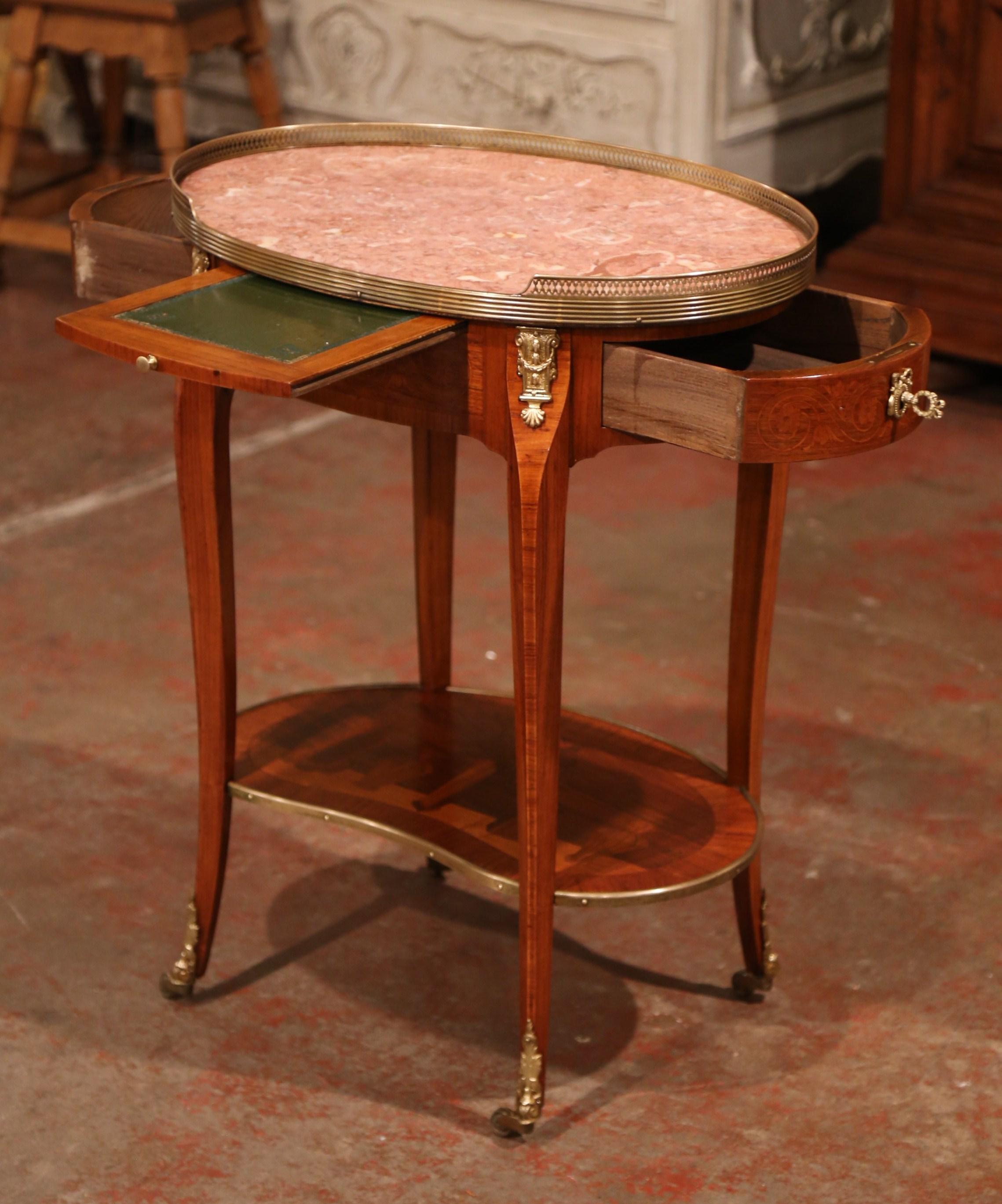 Mid-20th Century French Marquetry Cherry and Brass Side Table with Marble Top 4