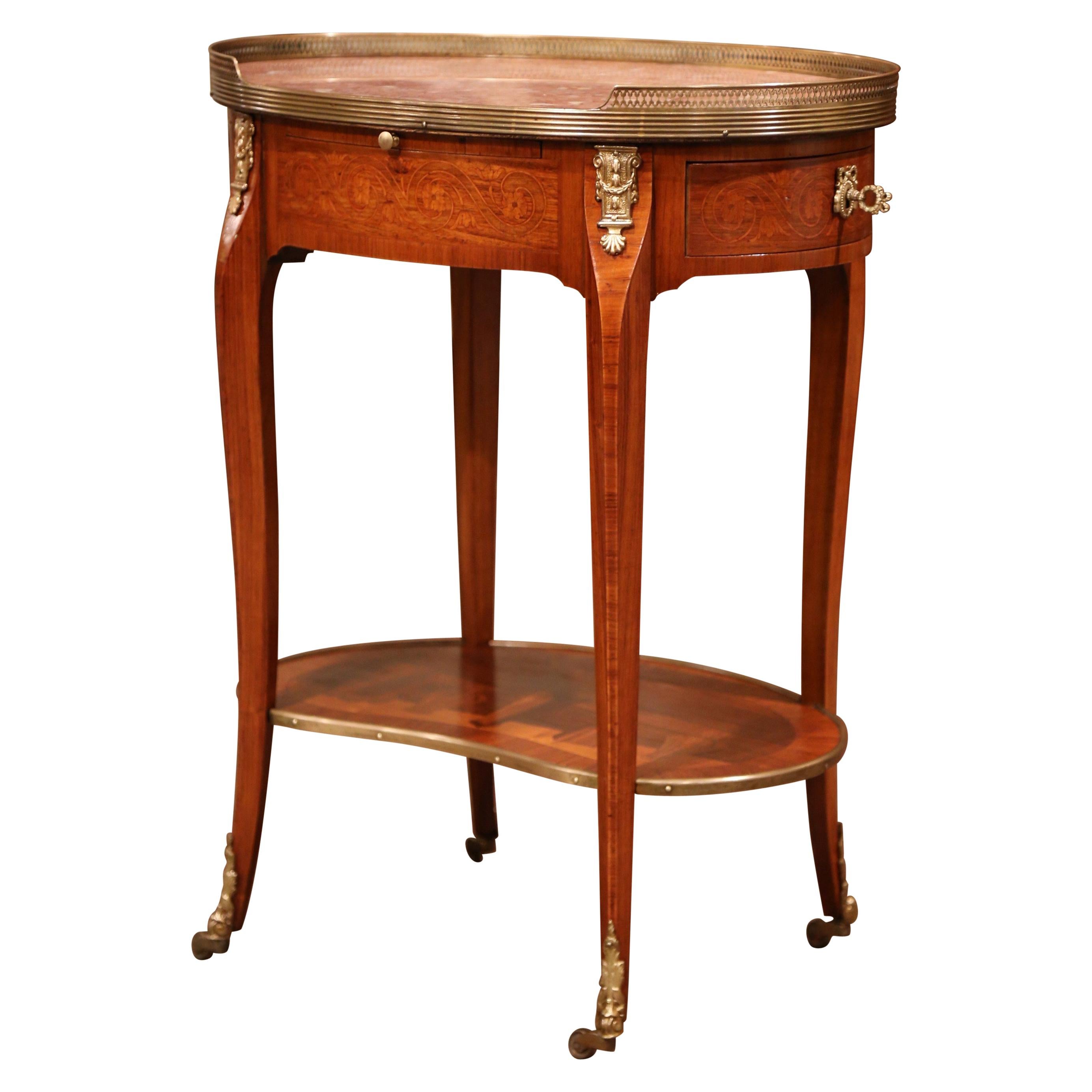 Mid-20th Century French Marquetry Cherry and Brass Side Table with Marble Top