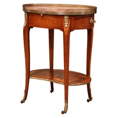 Vintage Mid-20th Century French Marquetry Cherry and Brass Side Table with Marble Top