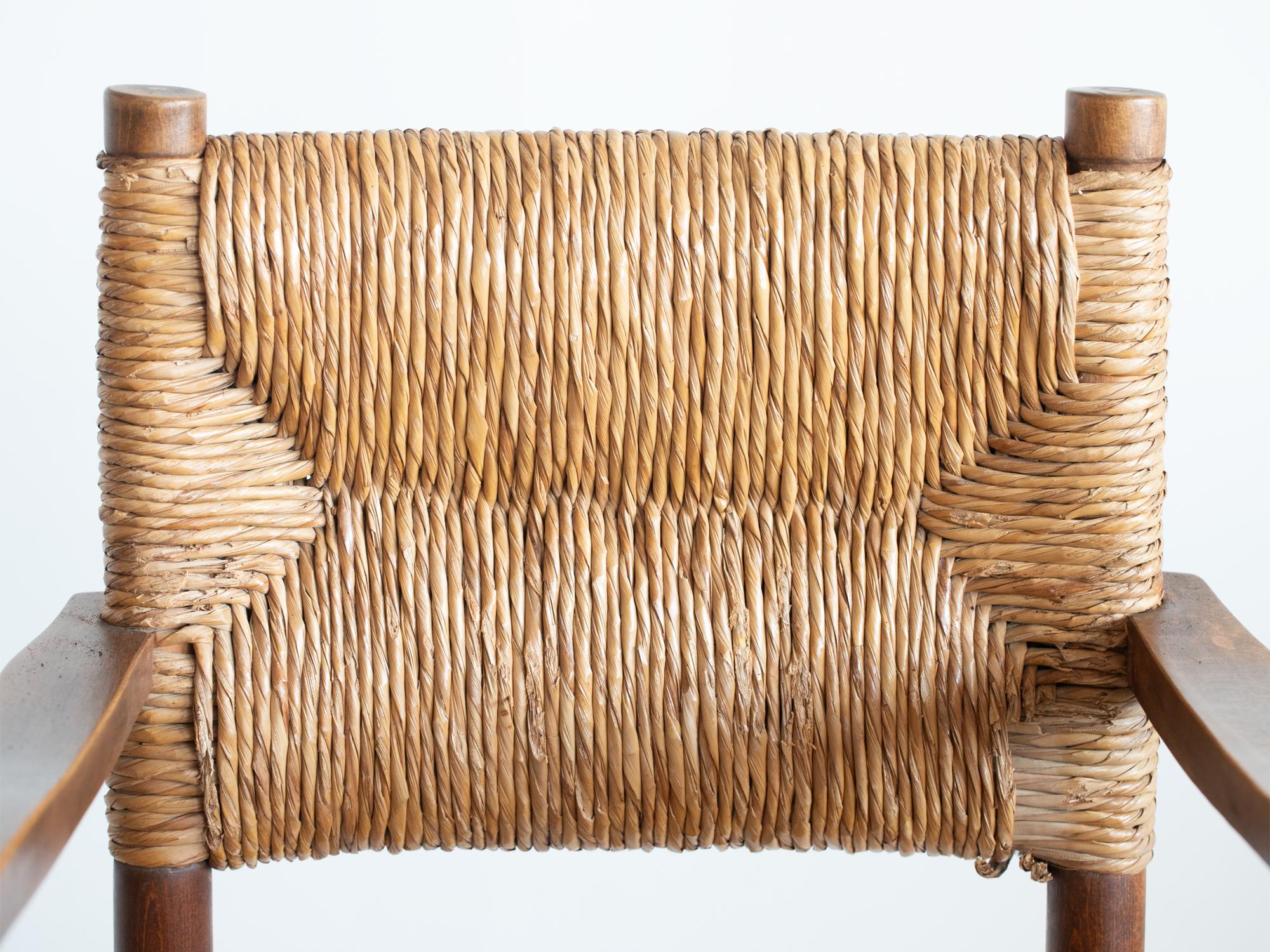 Woven Mid 20th Century French Modernist Beech & Rush Armchairs For Sale